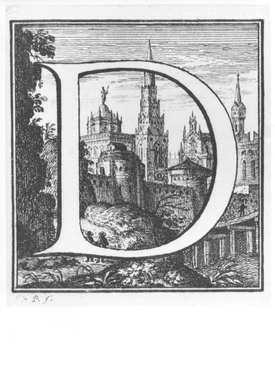 elemento decorativo (lettera D) e veduta di città (stampa, serie) di Panfili Pio, Zanotti Cavazzoni Giampietro (sec. XVIII)