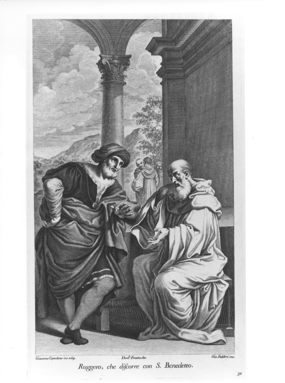 Ruggero, che discorre con S. Benedetto, San Benedetto con figura maschile (stampa, serie) di Fabbri Giovanni, Fratta Domenico Maria, Cavedone Giacomo (sec. XVIII)