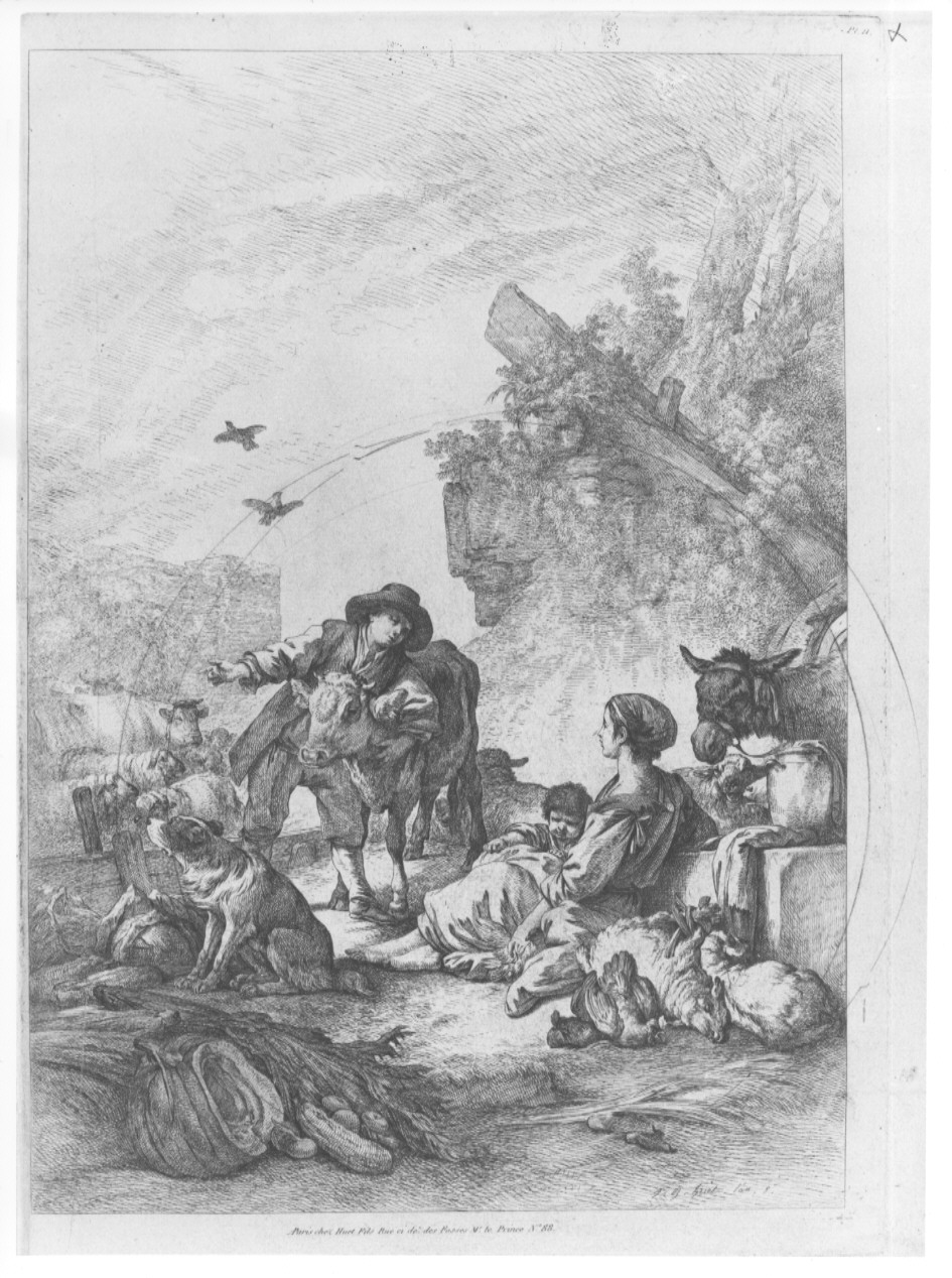 paesaggio con contadini (stampa, serie) di Huet Jean Baptiste (sec. XIX)
