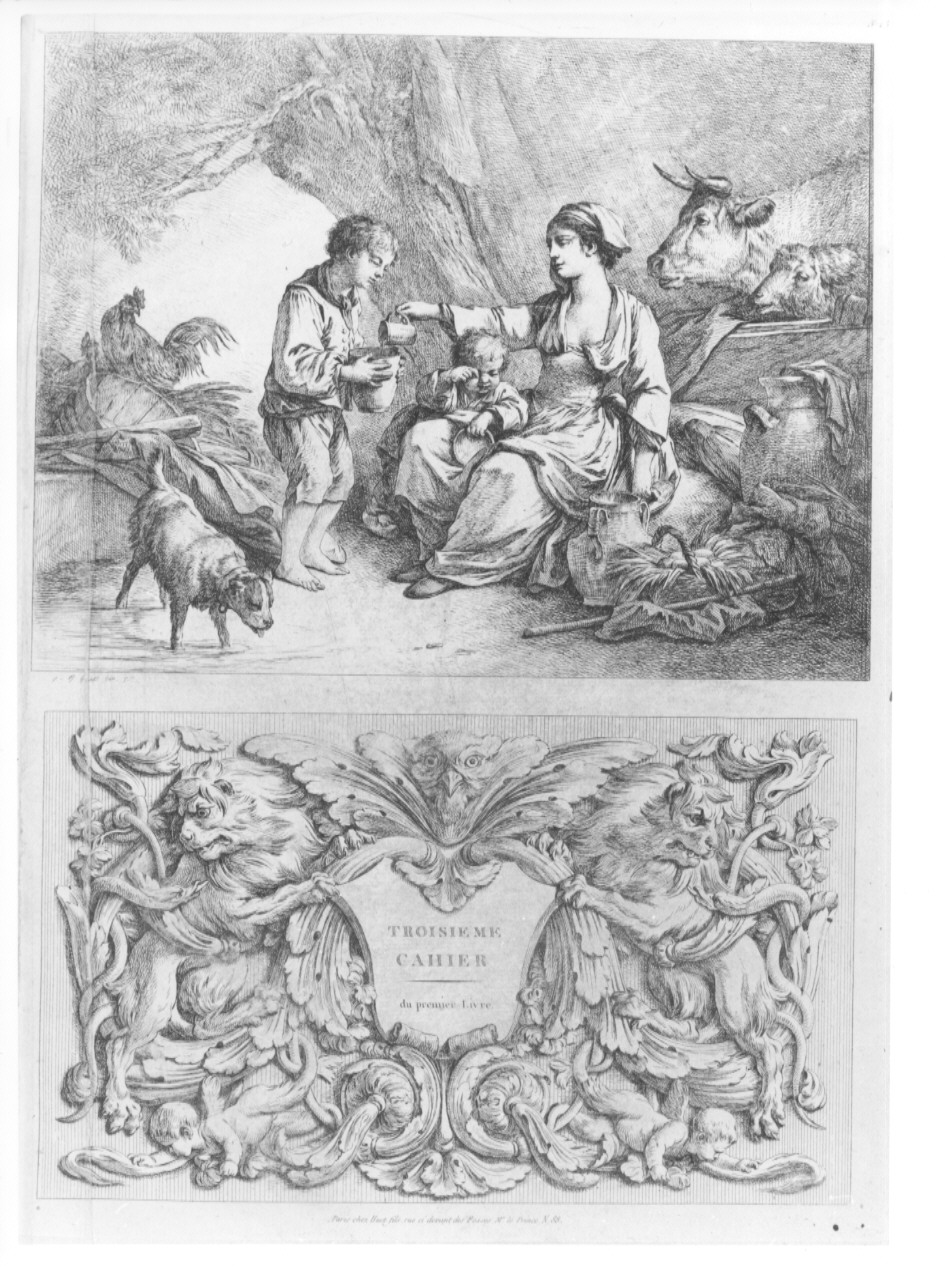 scena famigliare e cartiglio (stampa, serie) di Huet Jean Baptiste (sec. XIX)