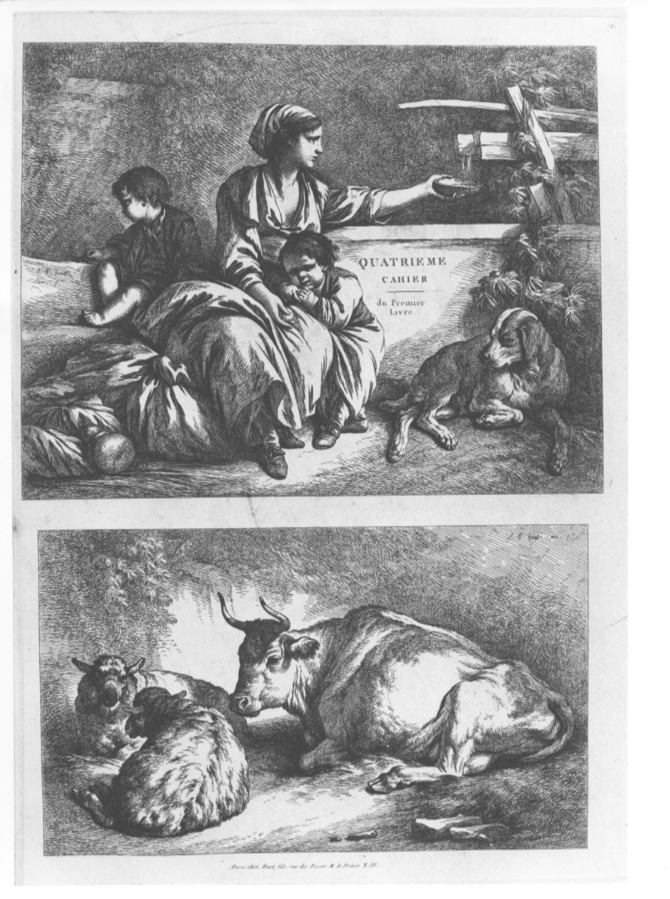 scena famigliare ed animali (stampa, serie) di Huet Jean Baptiste (sec. XIX)