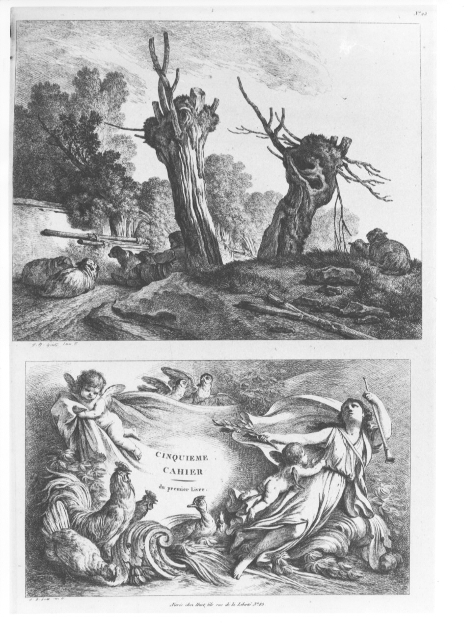 paesaggio con alberi con cartiglio (stampa, serie) di Huet Jean Baptiste (sec. XIX)