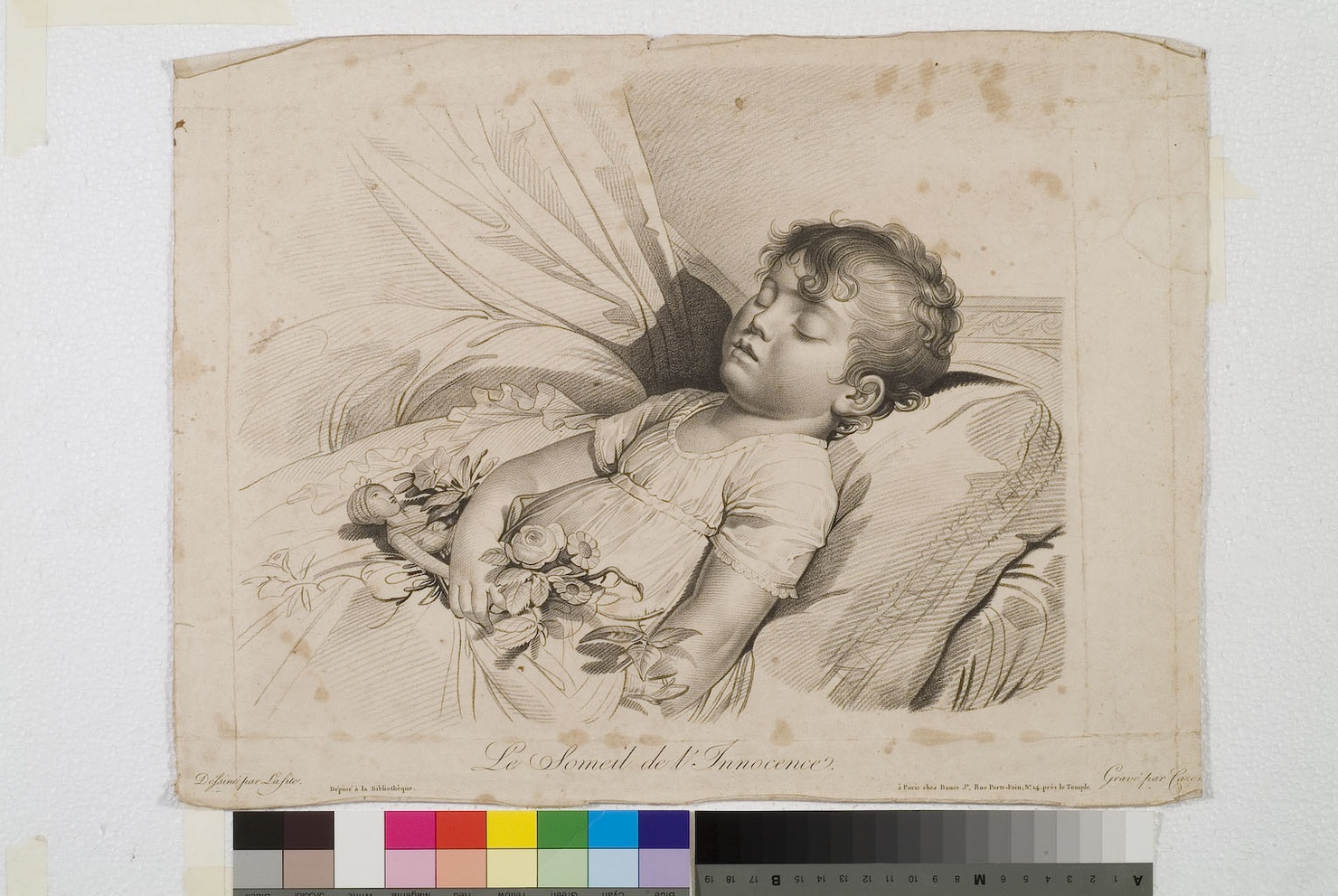 Le Someil de l'Innocence, bambina addormentata (stampa smarginata) di Lafite, Cazen (prima metà sec. XIX)