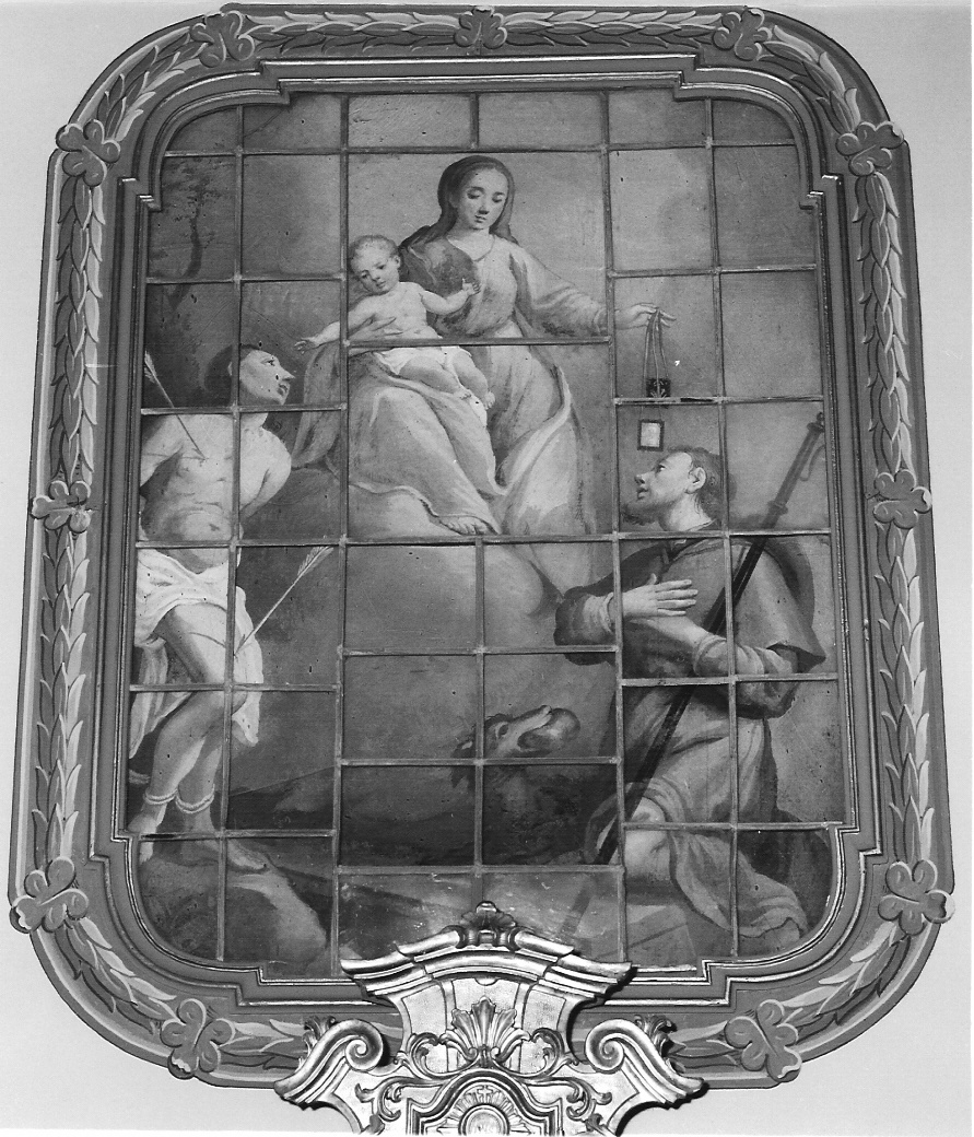 Madonna del Carmelo offre lo scapolare a San Rocco e Sebastiano (dipinto, opera isolata) - ambito lombardo (prima metà sec. XVIII)