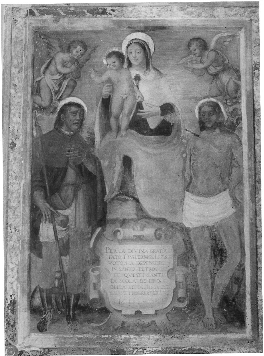Madonna con Bambino tra San Rocco e San Sebastiano (dipinto, opera isolata) - ambito lombardo (sec. XVI)
