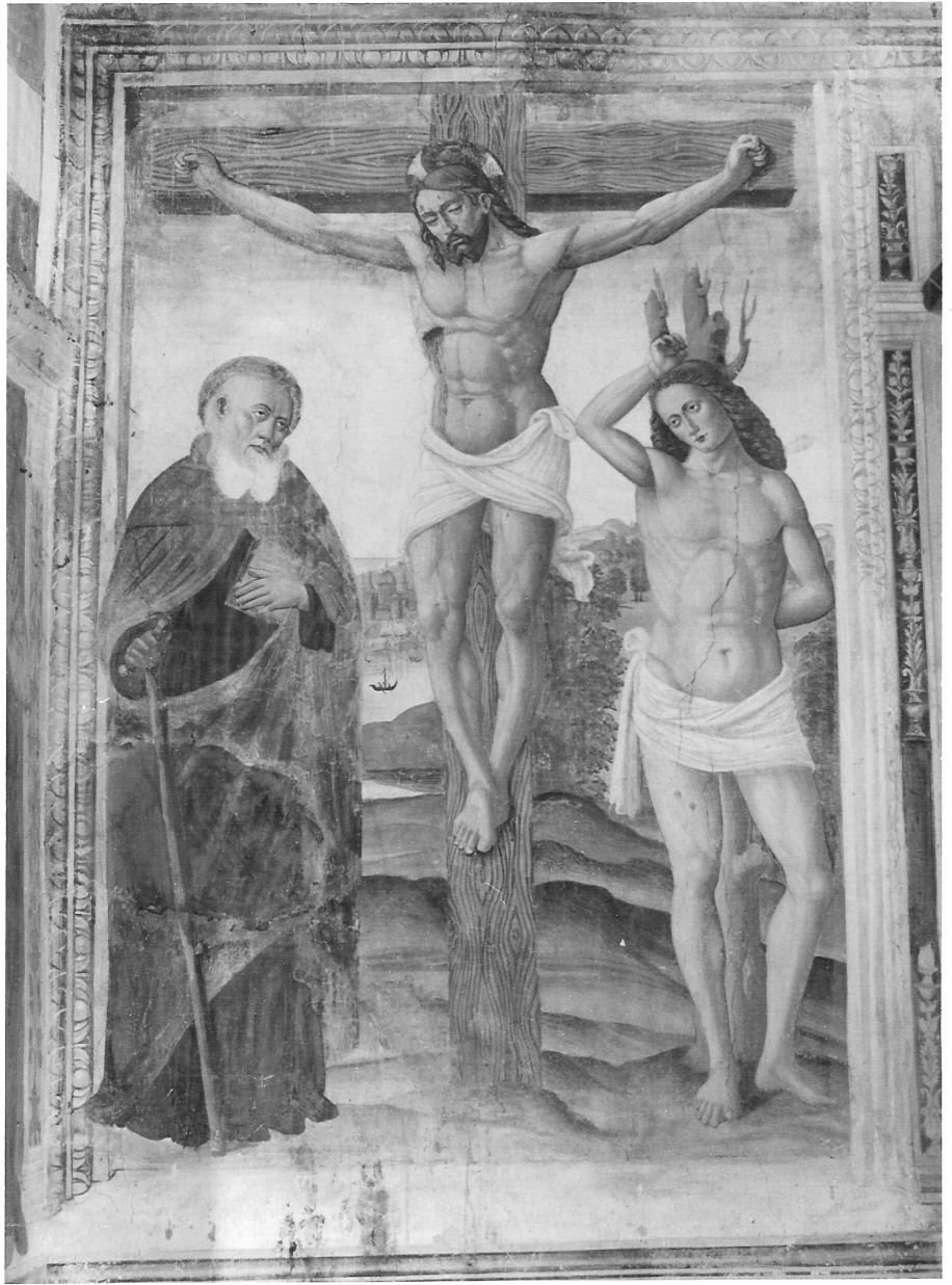 Cristo crocifisso tra i Santi Antonio e Sebastiano (dipinto) di Sebastiano da Piuro (sec. XVI)