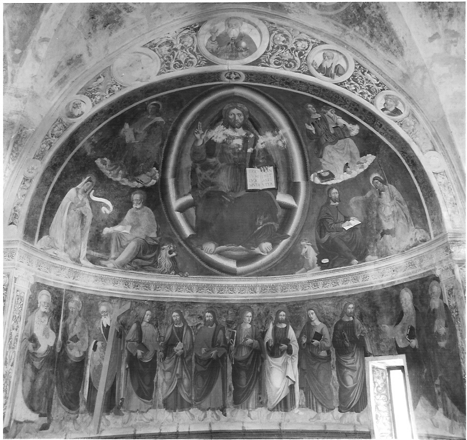 Dio Padre Benedicente e quattro profeti, Cristo in gloria tra gli Evangelisti, la Madonna e San Giacomo (dipinto) di Sebastiano da Piuro (sec. XVI)