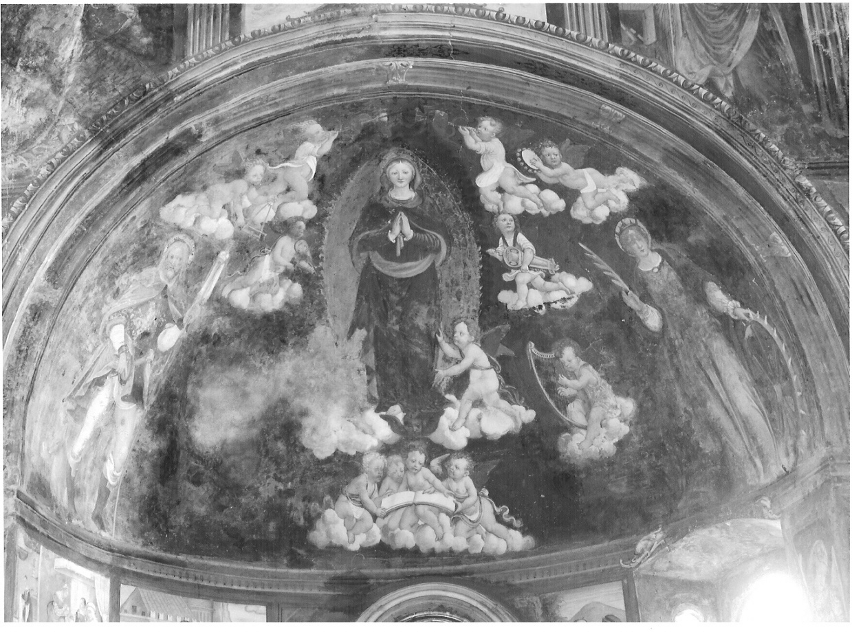 Madonna in gloria tra San Rocco, Santa Caterina d'Alessandria e angeli musicanti (dipinto) - ambito lombardo (sec. XVI)