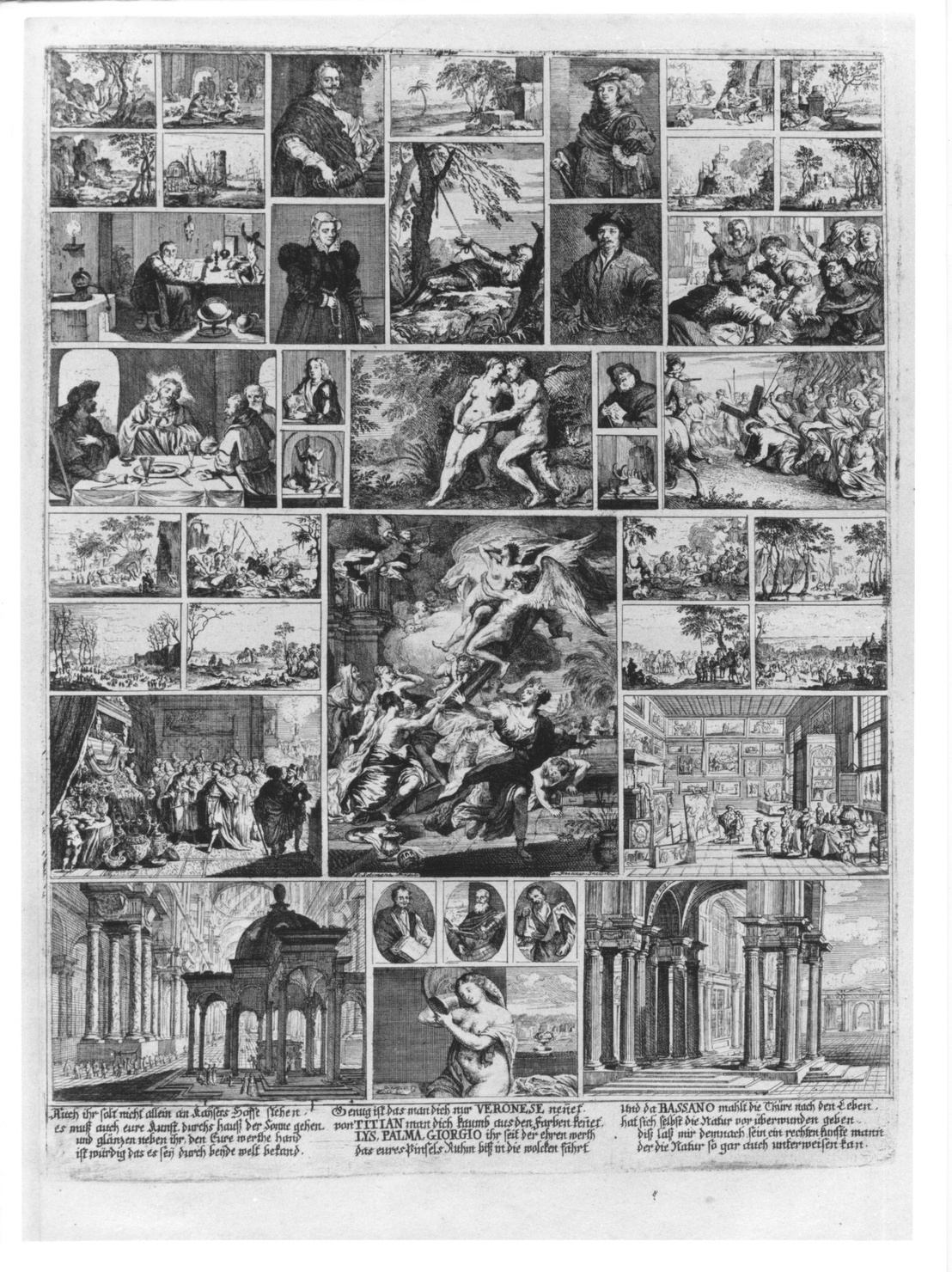 interno di palazzo con quadri (stampa, serie) di De Stampart Francisco, De Prenner Antonio (sec. XVIII)