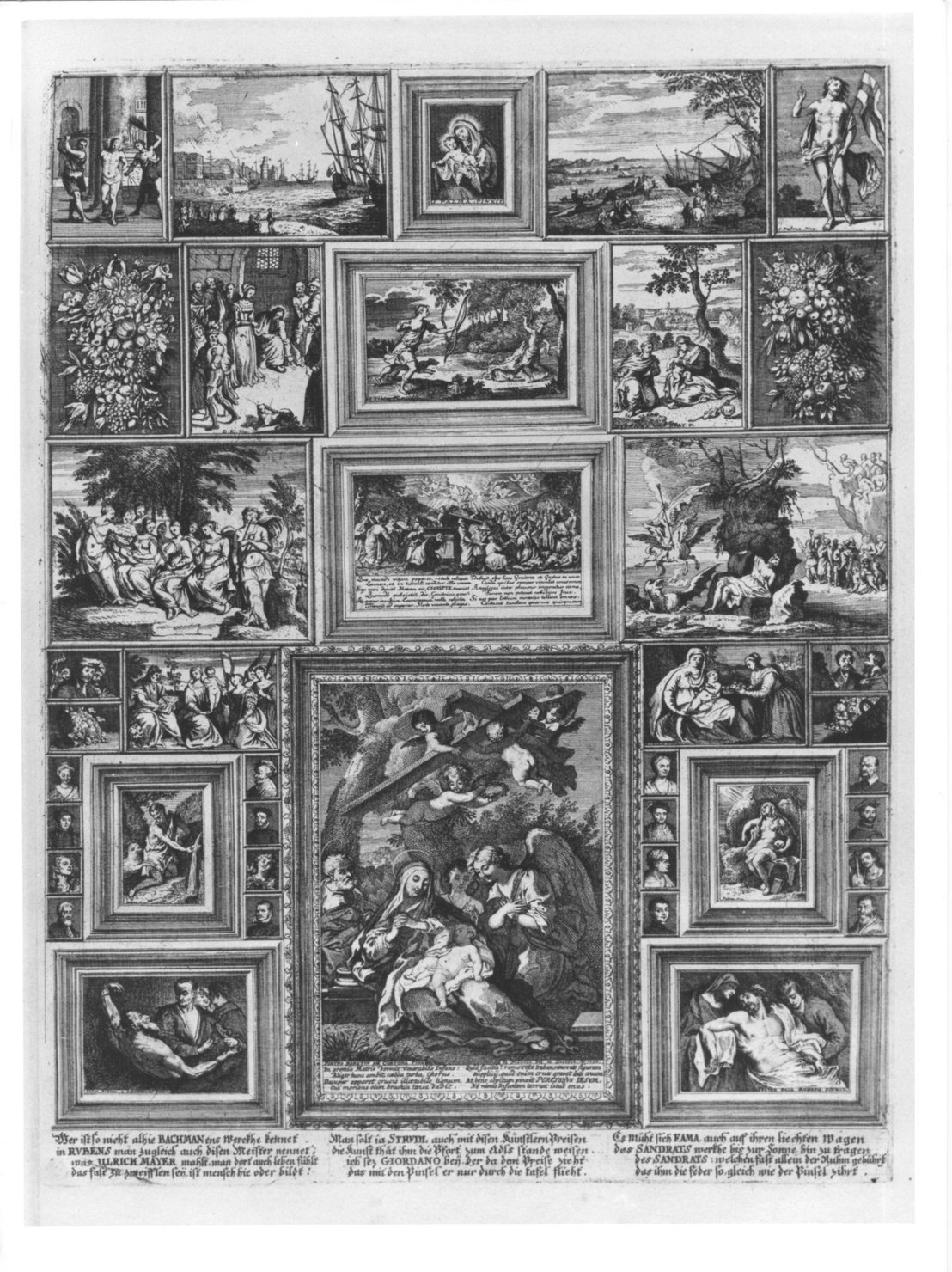 interno di palazzo con quadri (stampa, serie) di De Stampart Francisco, De Prenner Antonio (sec. XVIII)