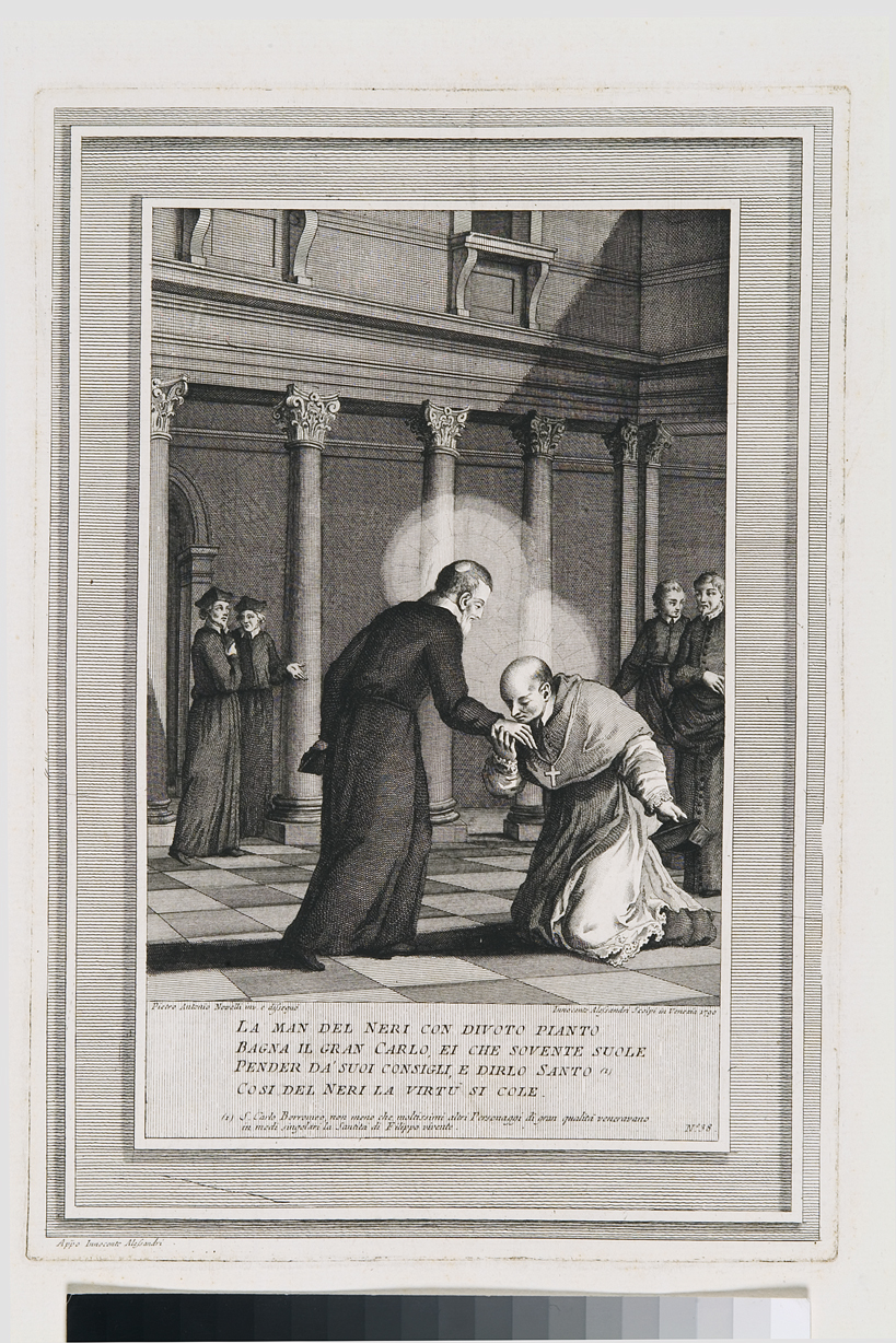 San Filippo Neri incontra San Carlo Borromeo (stampa, serie) di Novelli Pietro Antonio, Alessandri Innocente (seconda metà sec. XVIII)