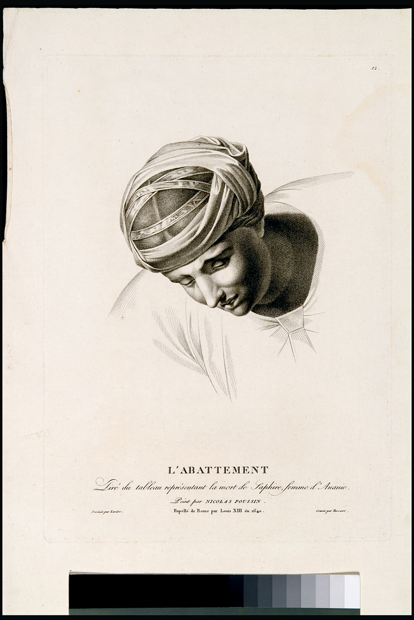La morte di Zaffira, figura femminile dolente (stampa) di Lemire Antoine, Tassaert Jean Joseph Francois, Poussin Nicolas (primo quarto sec. XIX)