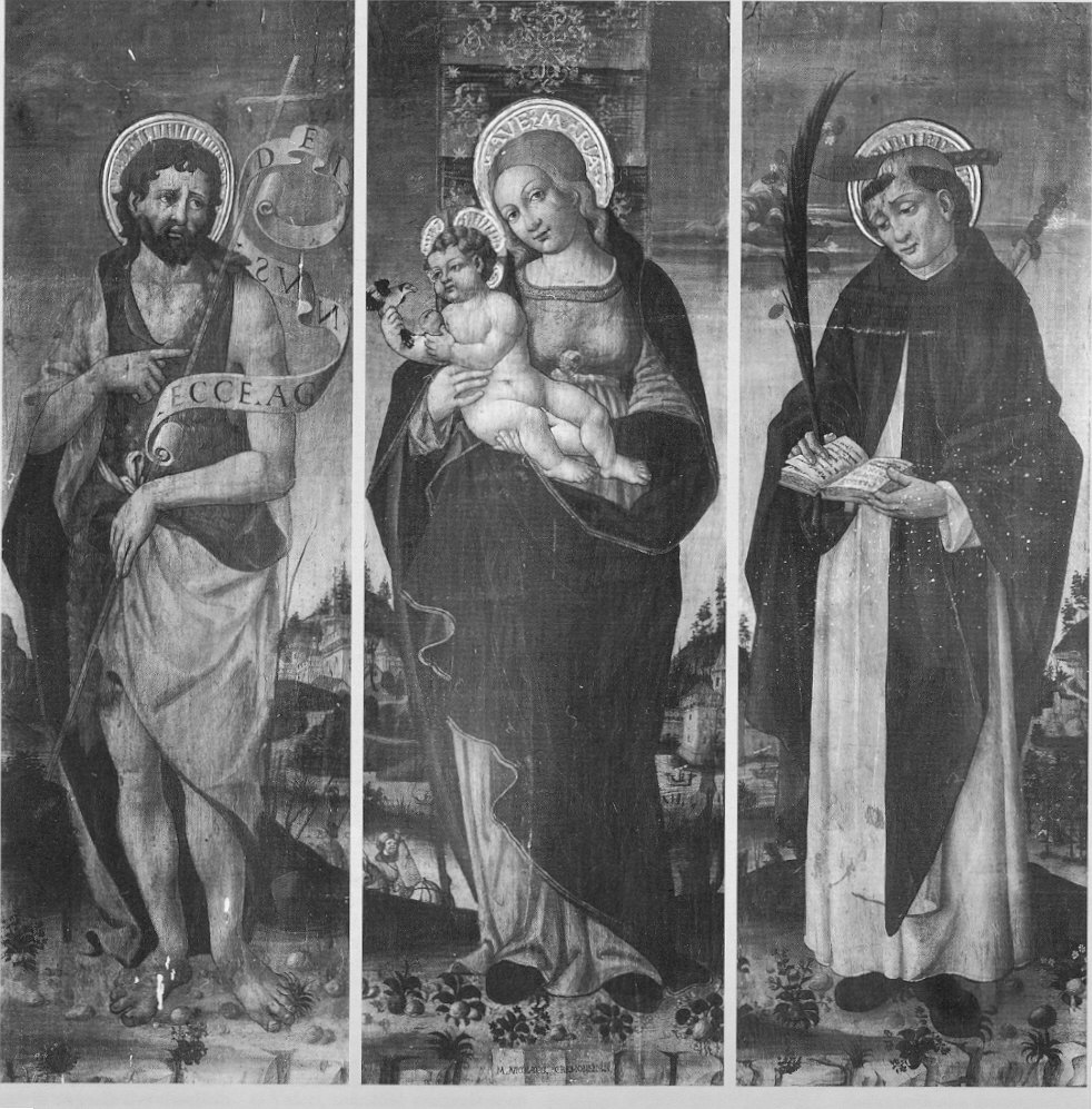 Madonna col Bambino tra San Giovanni Battista e San Pietro Martire, Madonna con Bambino (scomparto di trittico, opera isolata) di Nicolò da Cremona (sec. XVI)