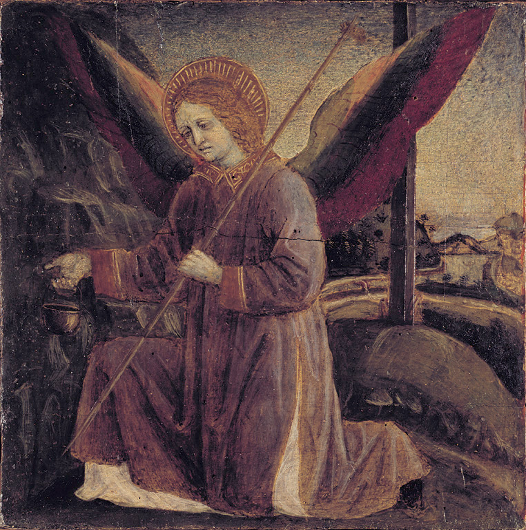 Due angeli con l'emblema della Passione, angelo con simboli della Passione (scomparto di predella, elemento d'insieme) di Foppa Vincenzo (sec. XV)