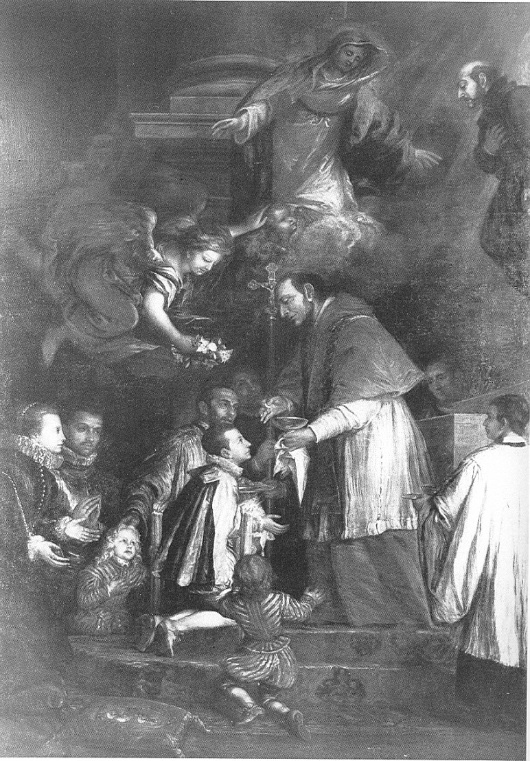 San Luigi Gonzaga riceve la prima Comunione da San Carlo, San Carlo comunica San Luigi Gonzaga (dipinto, opera isolata) di Del Cairo Francesco detto Cavaliere del Cairo (sec. XVII)