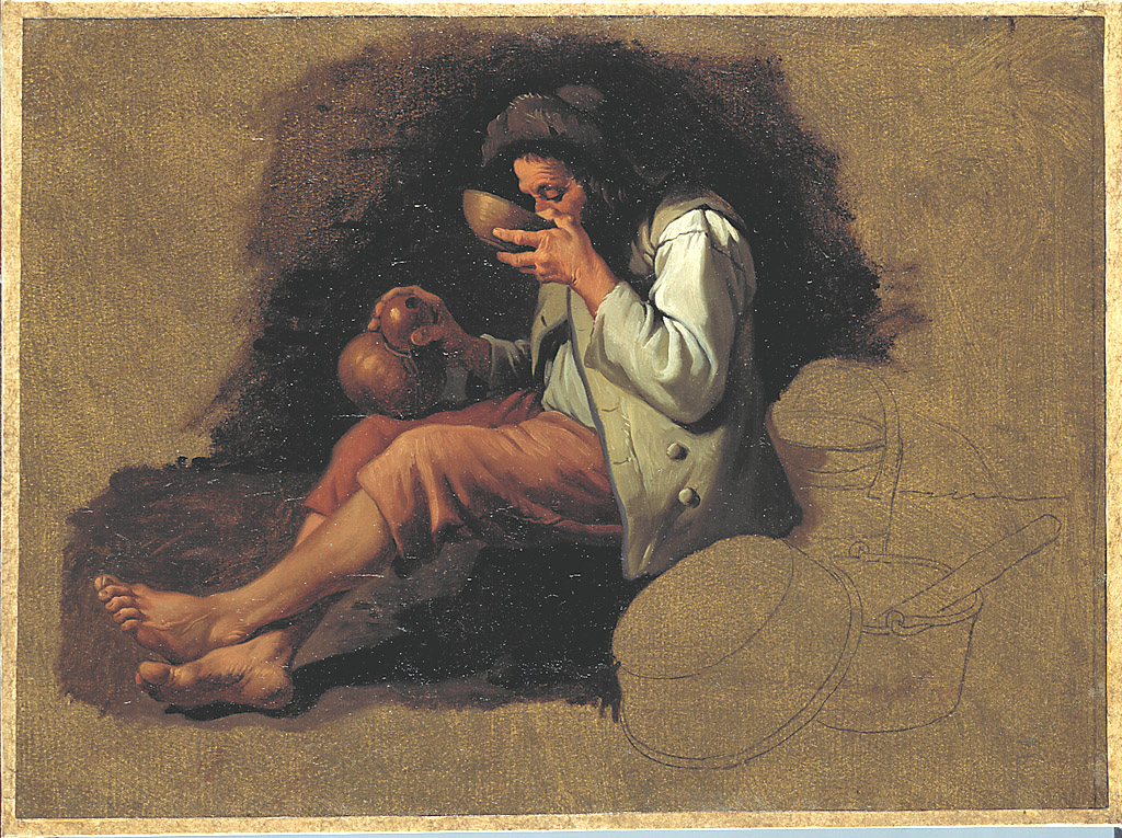 Contadino seduto che beve da una ciotola, contadino seduto che beve da una ciotola (dipinto, serie) di Londonio Francesco (sec. XVIII)