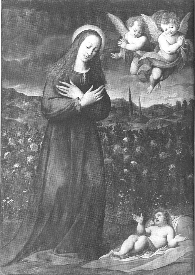 Madonna adorante il Bambino Gesù, Madonna che adora Gesù Bambino (dipinto, opera isolata) di Procaccini Camillo (bottega) (inizio sec. XVII)