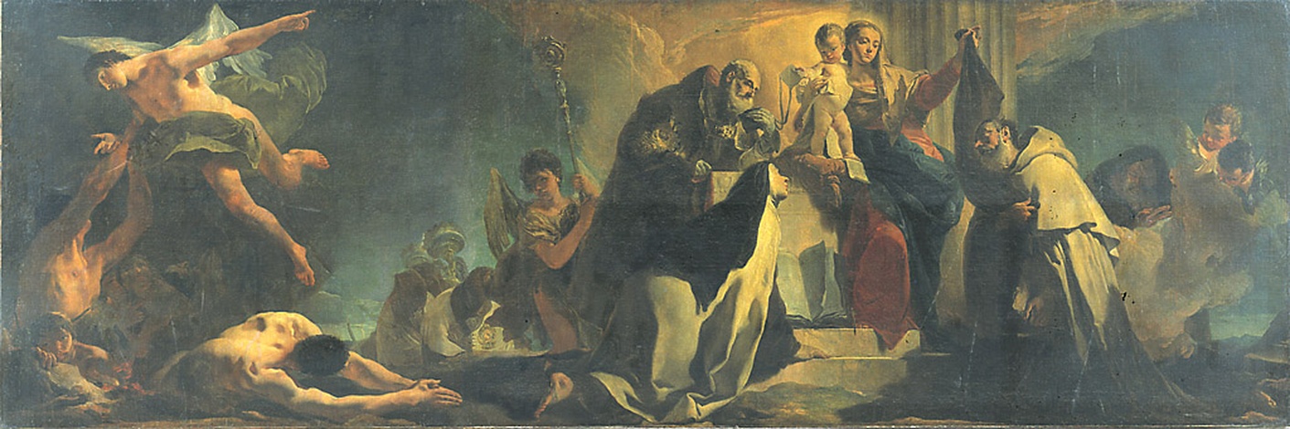 La Madonna del Carmelo fra i Santi Simone Stock, Teresa d'Avila, Alberto di Vercelli, il profeta Elia e le anime del Purgatorio, Madonna del Carmelo e Simone Stock intercedono per le anime del Purgatorio e Santa Teresa d'Avila (dipinto, opera isolata) di Tiepolo Giovanni Battista (sec. XVIII)