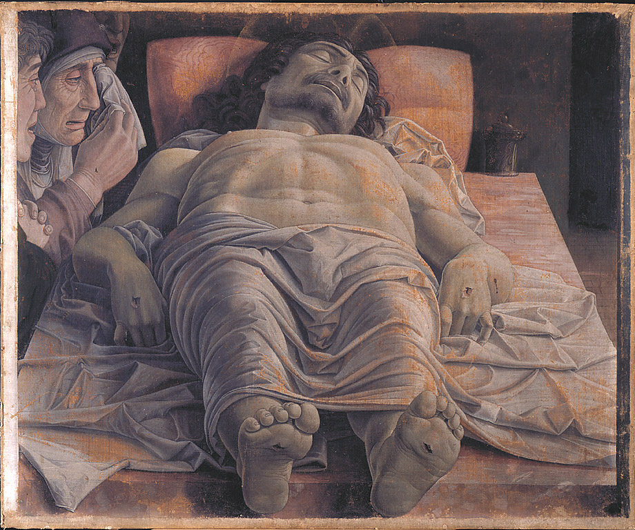 Cristo morto nel sepolcro e tre dolenti, compianto sul Cristo morto (dipinto, opera isolata) di Mantegna Andrea (sec. XV)