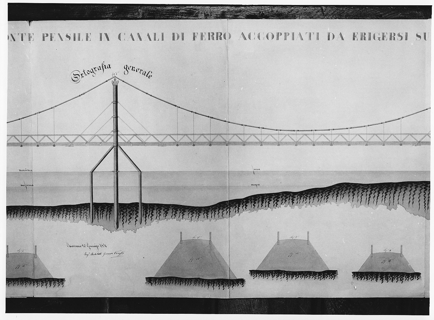 Progetti per due ponti sulla Mera: veduta e sezioni del ponte pensile (disegno architettonico, opera isolata) di Vanossi Giuseppe (sec. XIX)