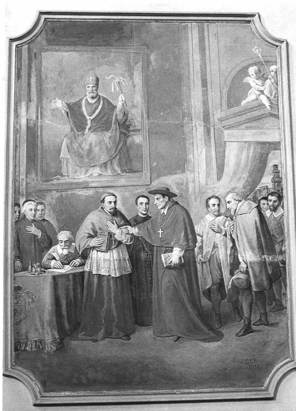 San Carlo Borromeo incontra San Francesco da Sales (decorazione pittorica, elemento d'insieme) di Garberini Giovan Battista (sec. XIX)