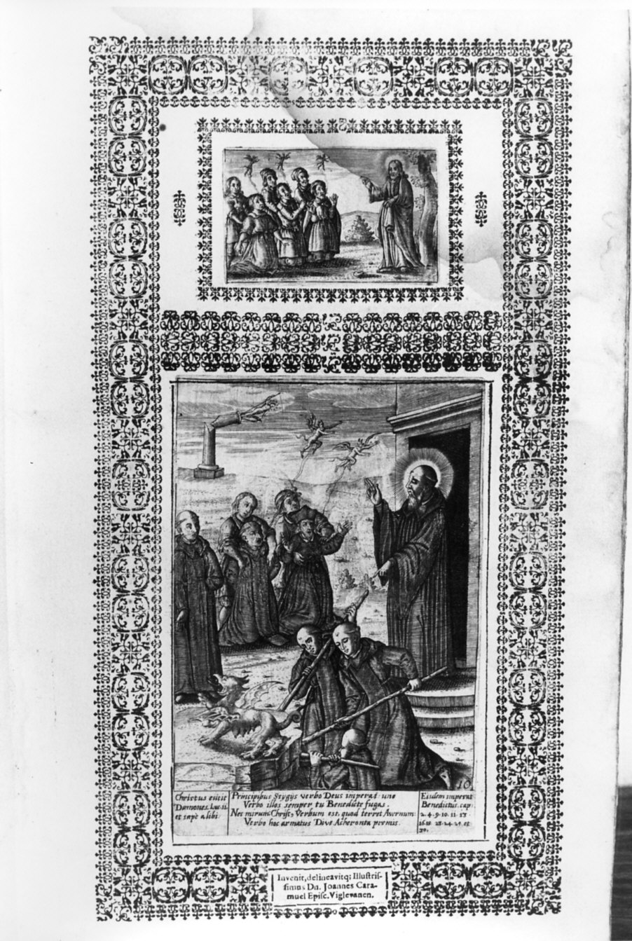 Cristo guarisce gli indemoniati/ episodio della vita di San Benedetto (stampa, elemento d'insieme) di Smischeck Ioannes Christ, Lobkowitz Caramuel Juan (sec. XVII)