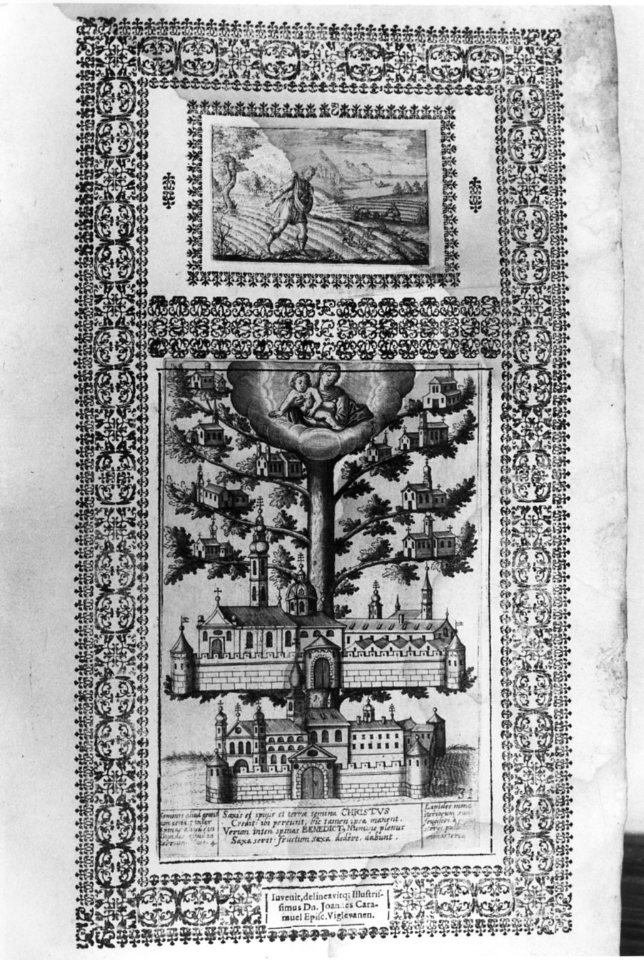 parabola del seminatore/ episodio della vita di San Benedetto (stampa, elemento d'insieme) di Smischeck Ioannes Christ, Lobkowitz Caramuel Juan (sec. XVII)