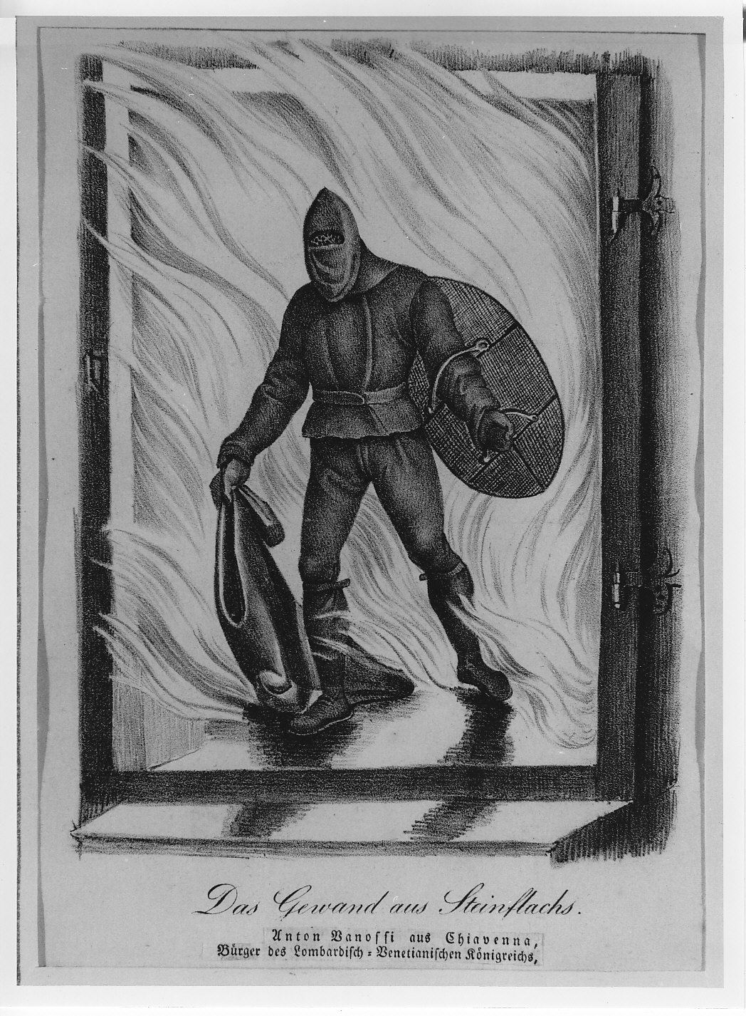Pompiere vestito di amianto tra le fiamme (stampa) - ambito lombardo (sec. XIX)