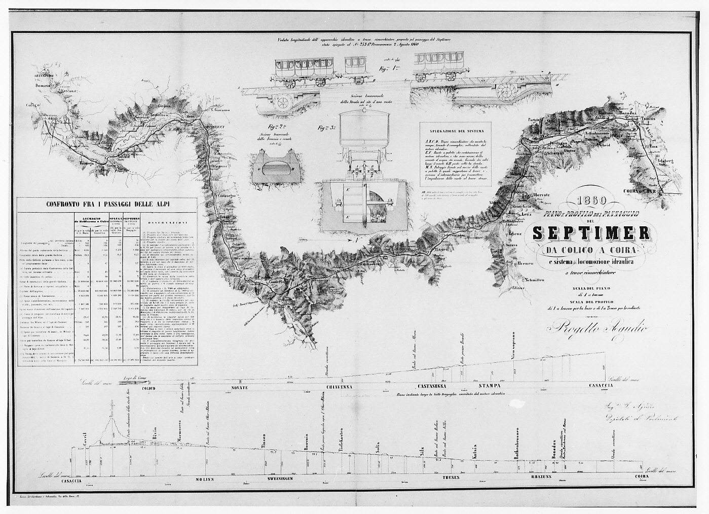 Tracciato di progetto della ferrovia del Septimer (Colico-Coira) (stampa) di Agudio F (sec. XIX)