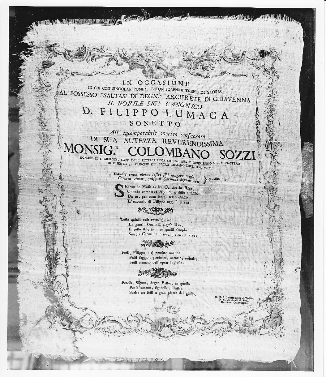 Sonetto in onore di Filippo Lumaga, nuovo arciprete di Chiavenna (stampa) - ambito lombardo (sec. XVIII)