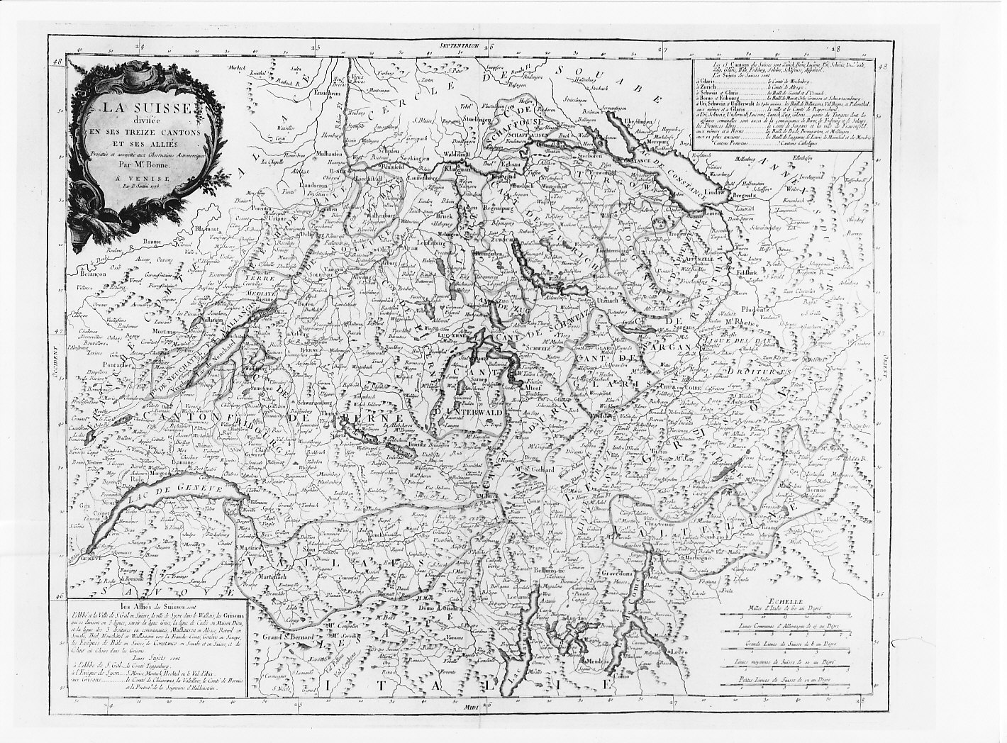 Carta della Svizzera e dei suoi cantoni (stampa) di Bonne, Santini P (sec. XVIII)
