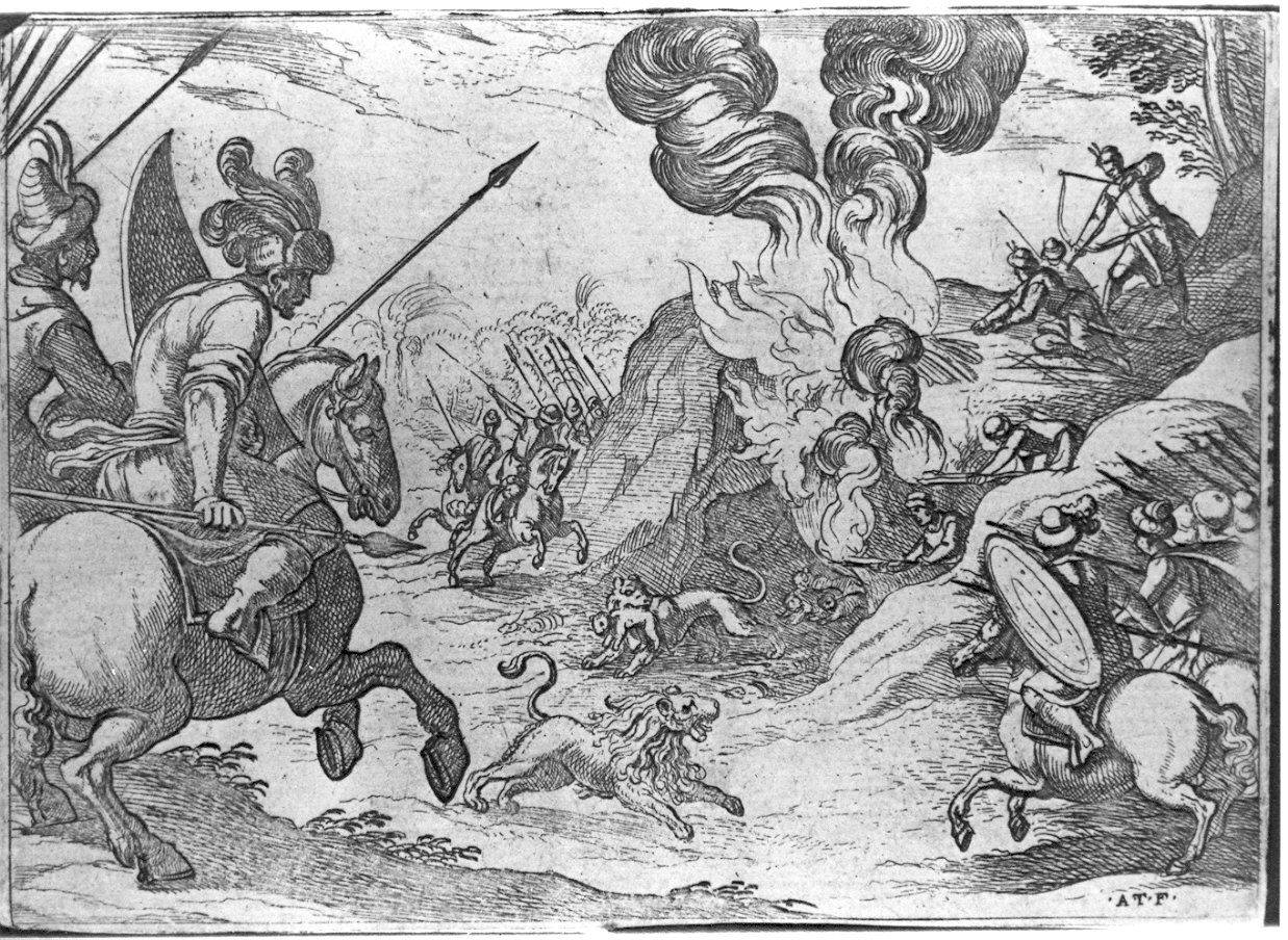 Caccia al leone, scena di caccia (stampa) di Tempesta Antonio (sec. XVI)