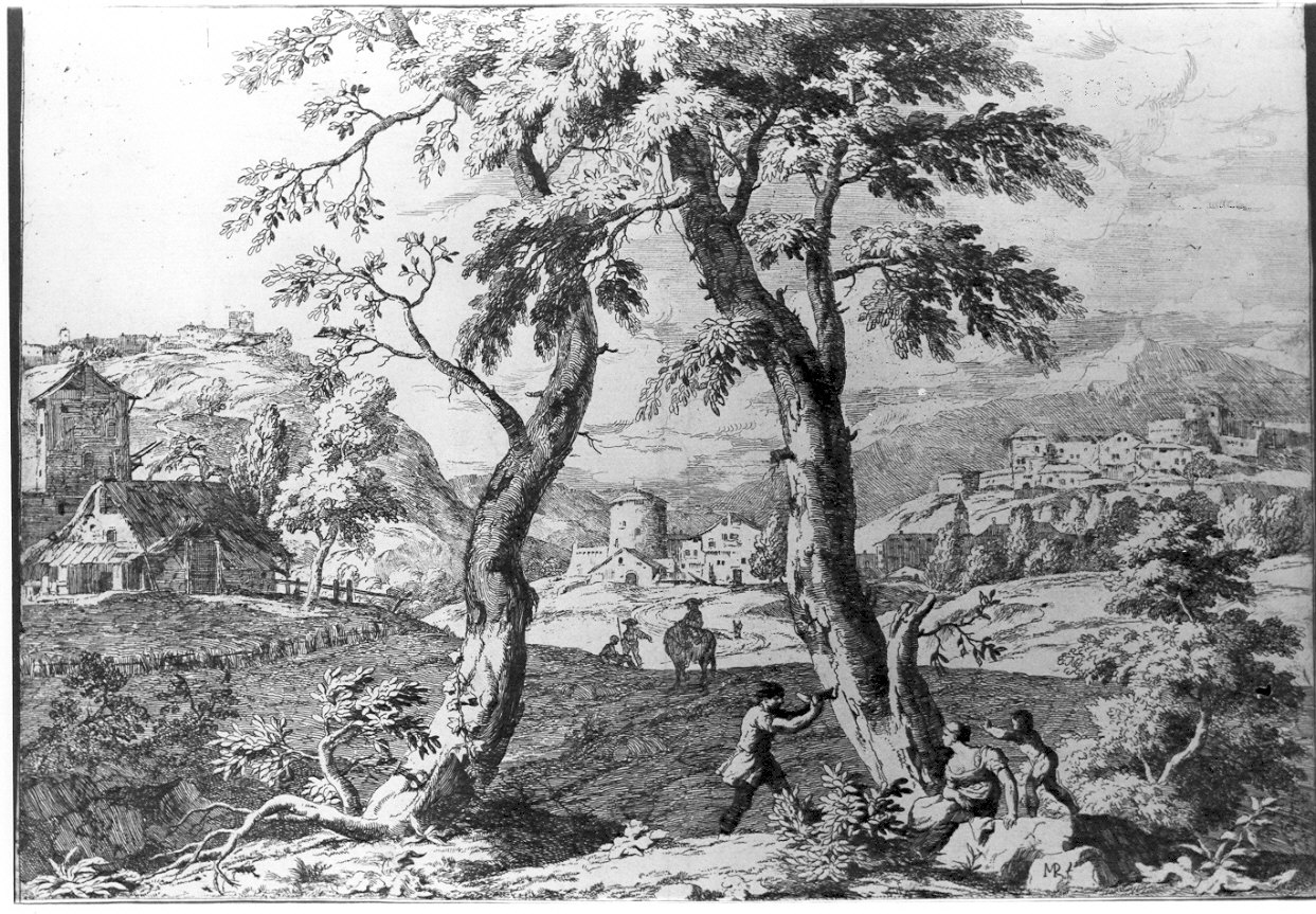 Paesaggio con contadini e villaggio sullo sfondo, paesaggio (stampa) di Ricci Marco (sec. XVIII)