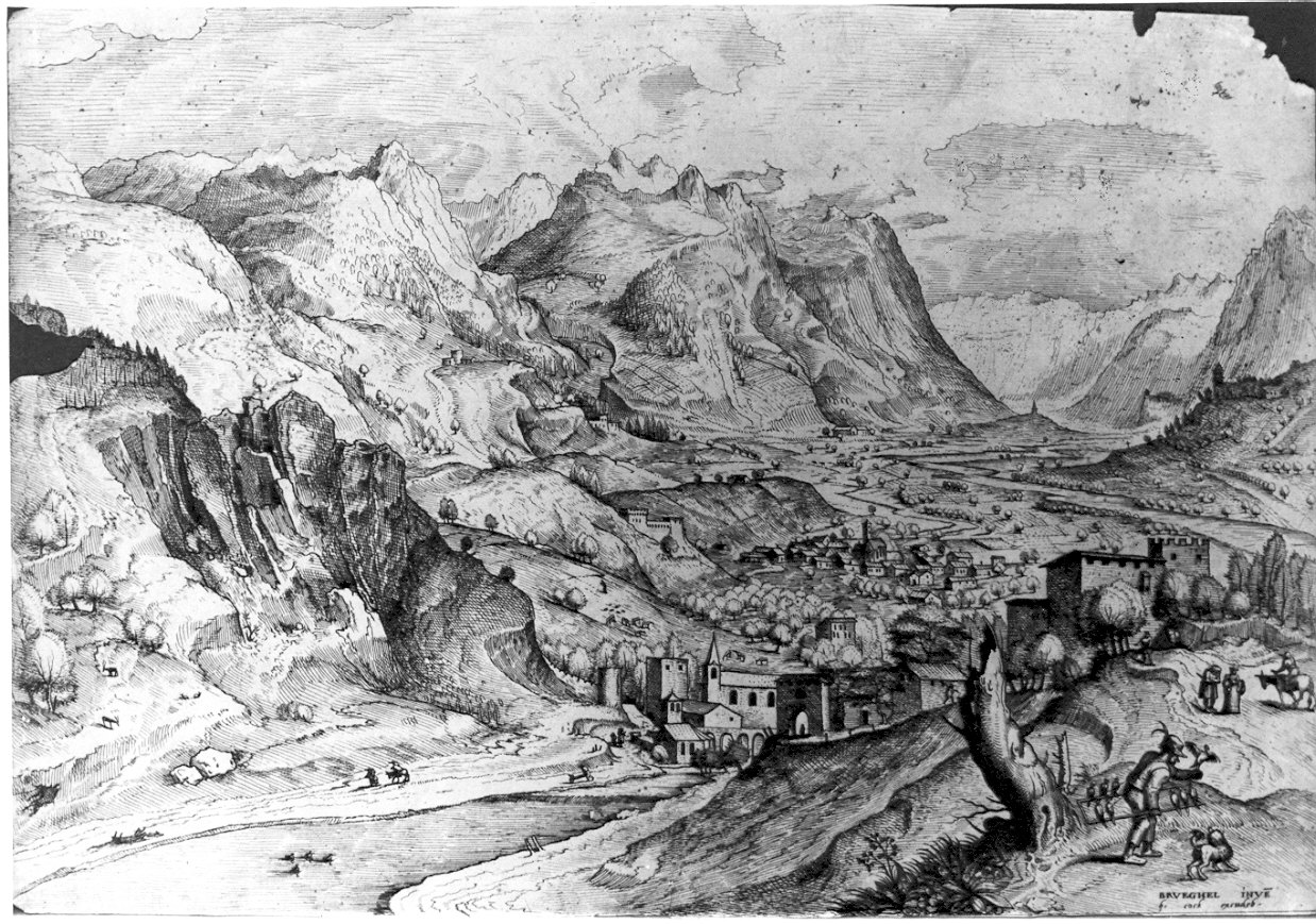 Insidiosus Auceps, paesaggio fluviale (stampa) di Cock Hieronymus (attribuito) (sec. XVI)
