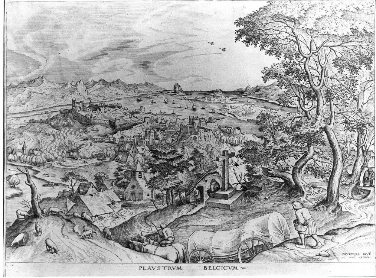 Plaustrum Belgicum, paesaggio con alberi (stampa) di Cock Hieronymus (attribuito) (sec. XVI)