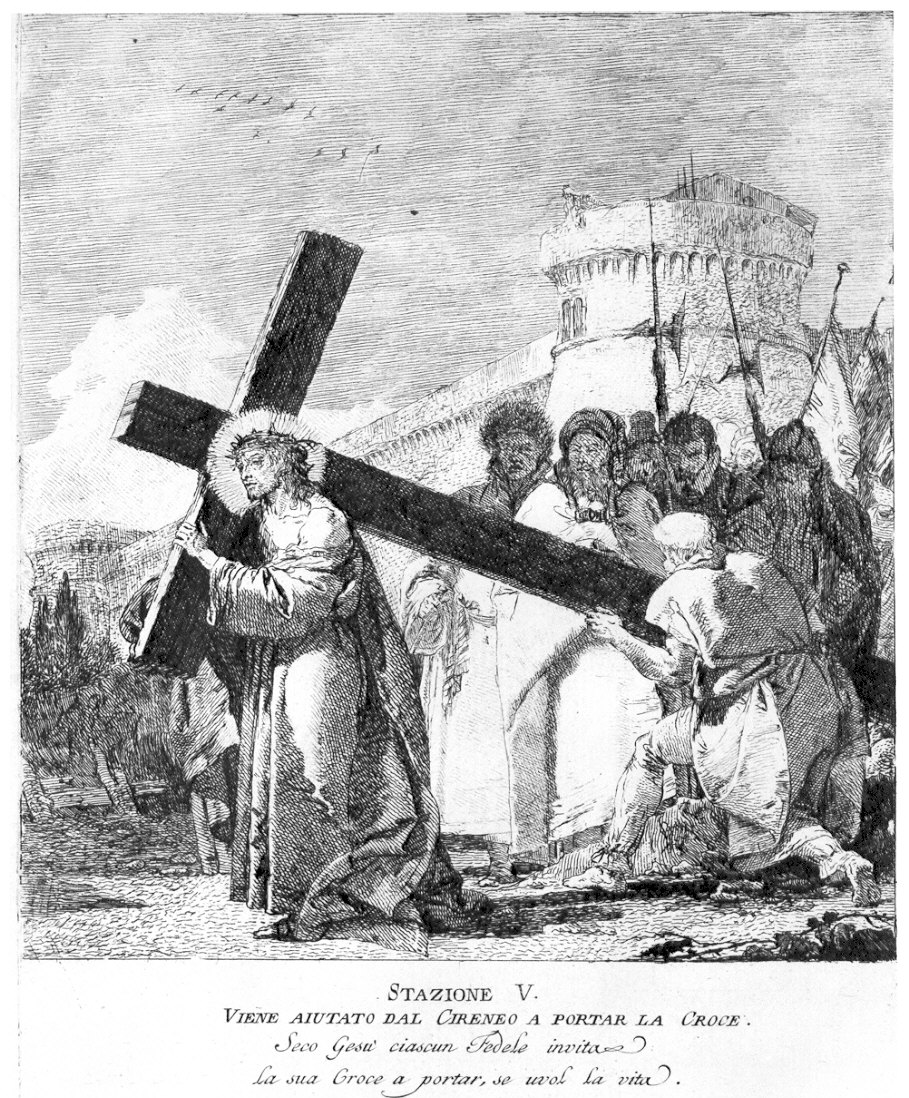 stazione V: Gesù aiutato da Simone il Cireneo a portare la croce (stampa) di Tiepolo Gian Domenico (sec. XVIII)
