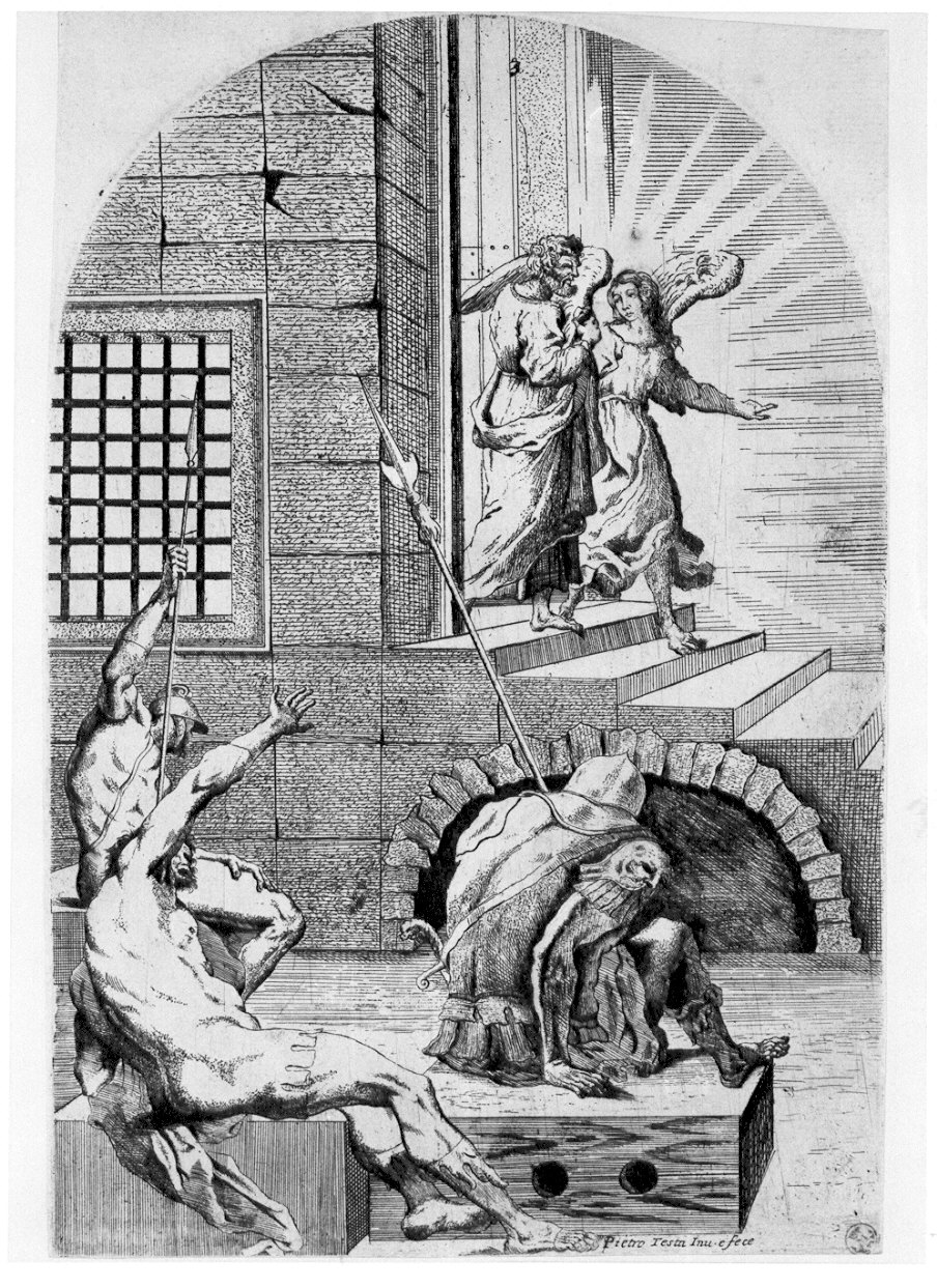 San Pietro liberato dal carcere da un angelo (stampa) di Testa Pietro (sec. XVII)