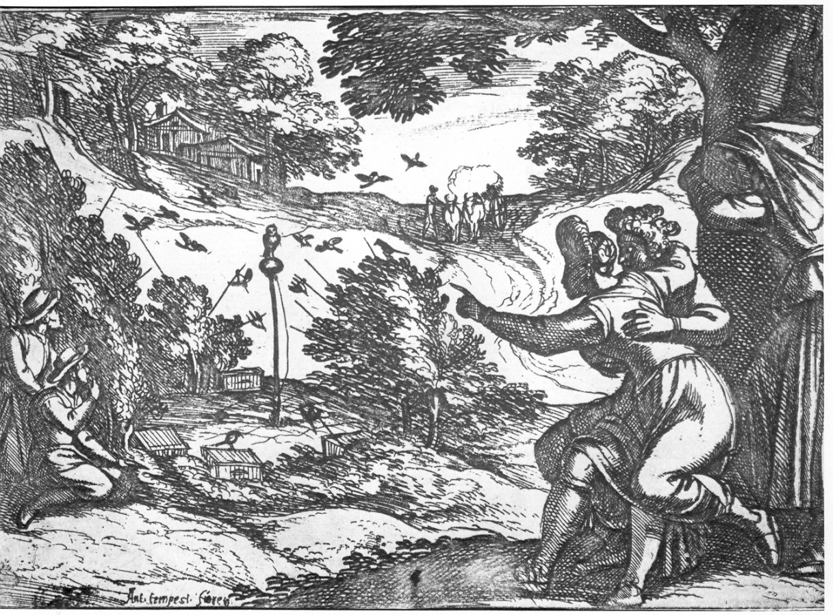 caccia agli uccelli con richiami (stampa) di Tempesta Antonio (sec. XVI)