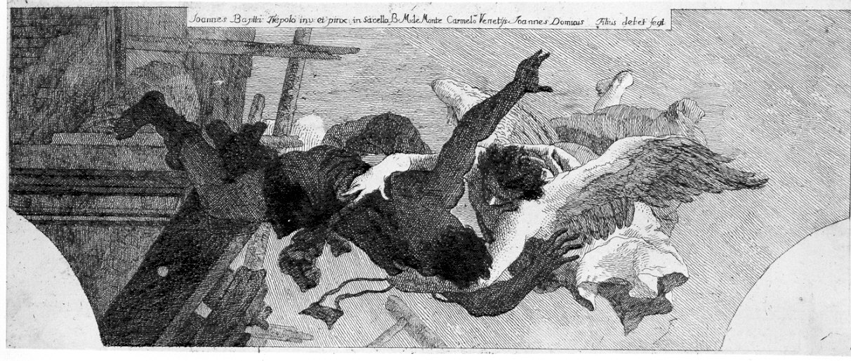 artigiano salvato dalla morte da uno scapolare (stampa) di Tiepolo Gian Domenico, Tiepolo Giovanni Battista (sec. XVIII)