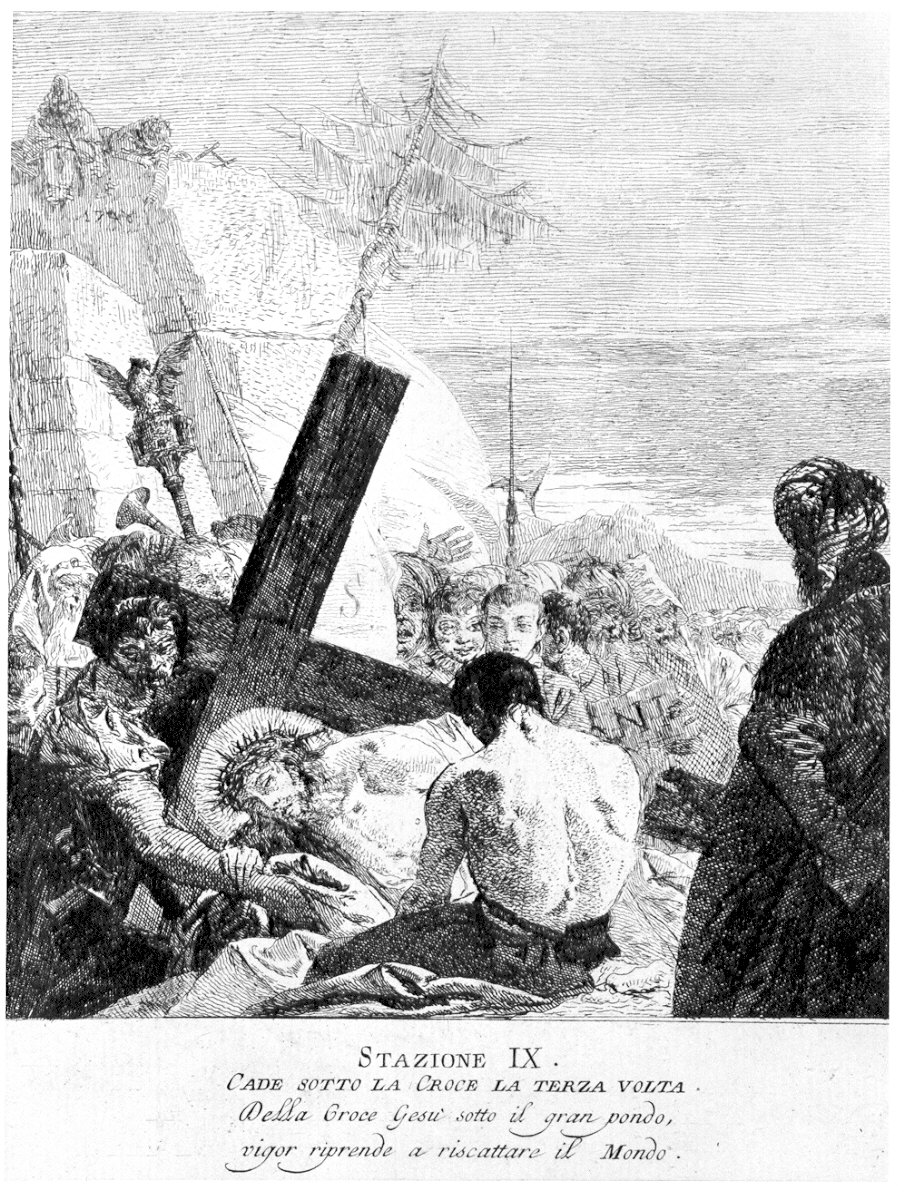 stazione IX: Gesù cade sotto la croce la terza volta (stampa) di Tiepolo Gian Domenico (sec. XVIII)