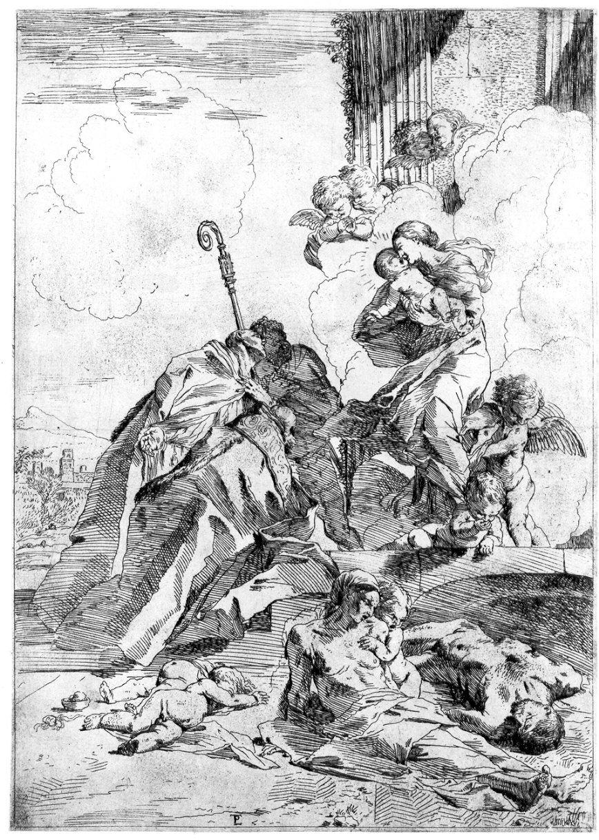 S. Rocco e S.Nicola invocano la Vergine per la peste (stampa) di Testa Pietro (sec. XVII)