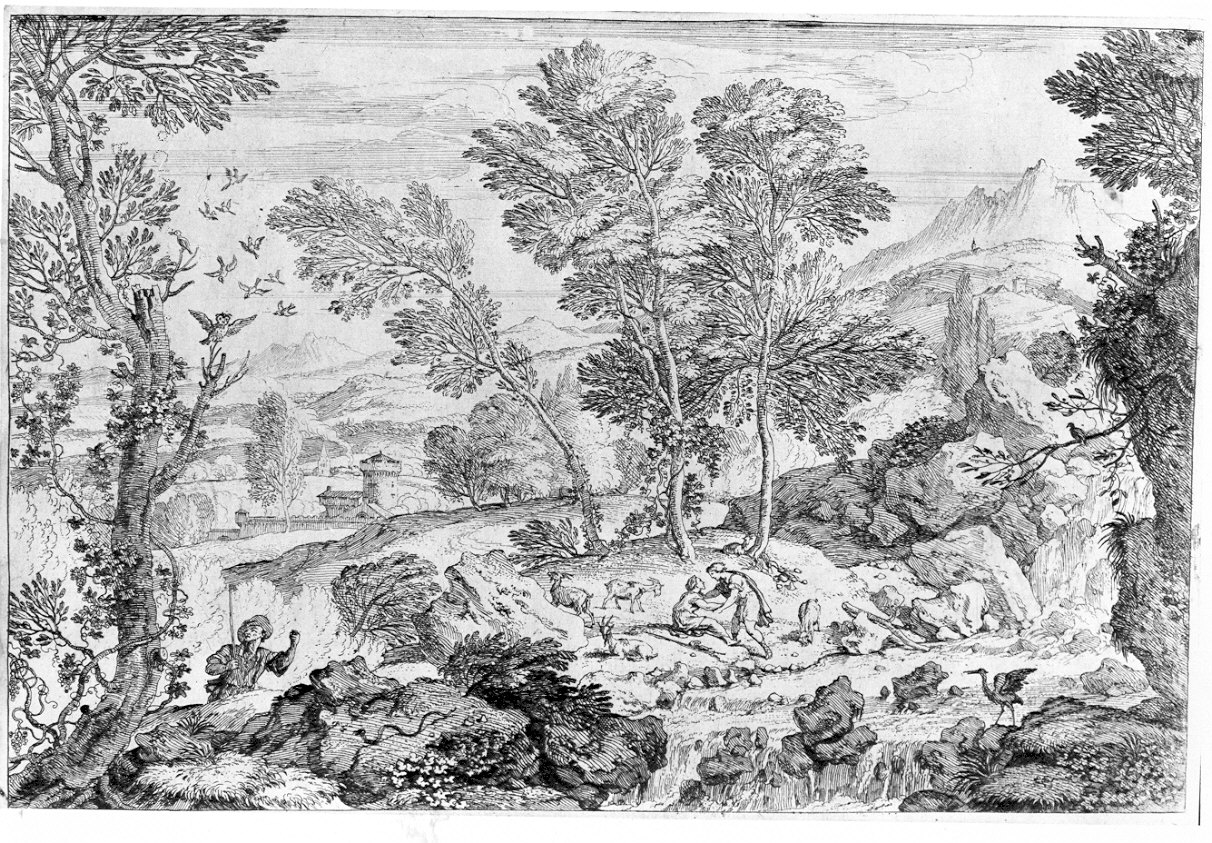 Paesaggio con animali e pastori (stampa) di Grimaldi Giovan Francesco (sec. XVII)