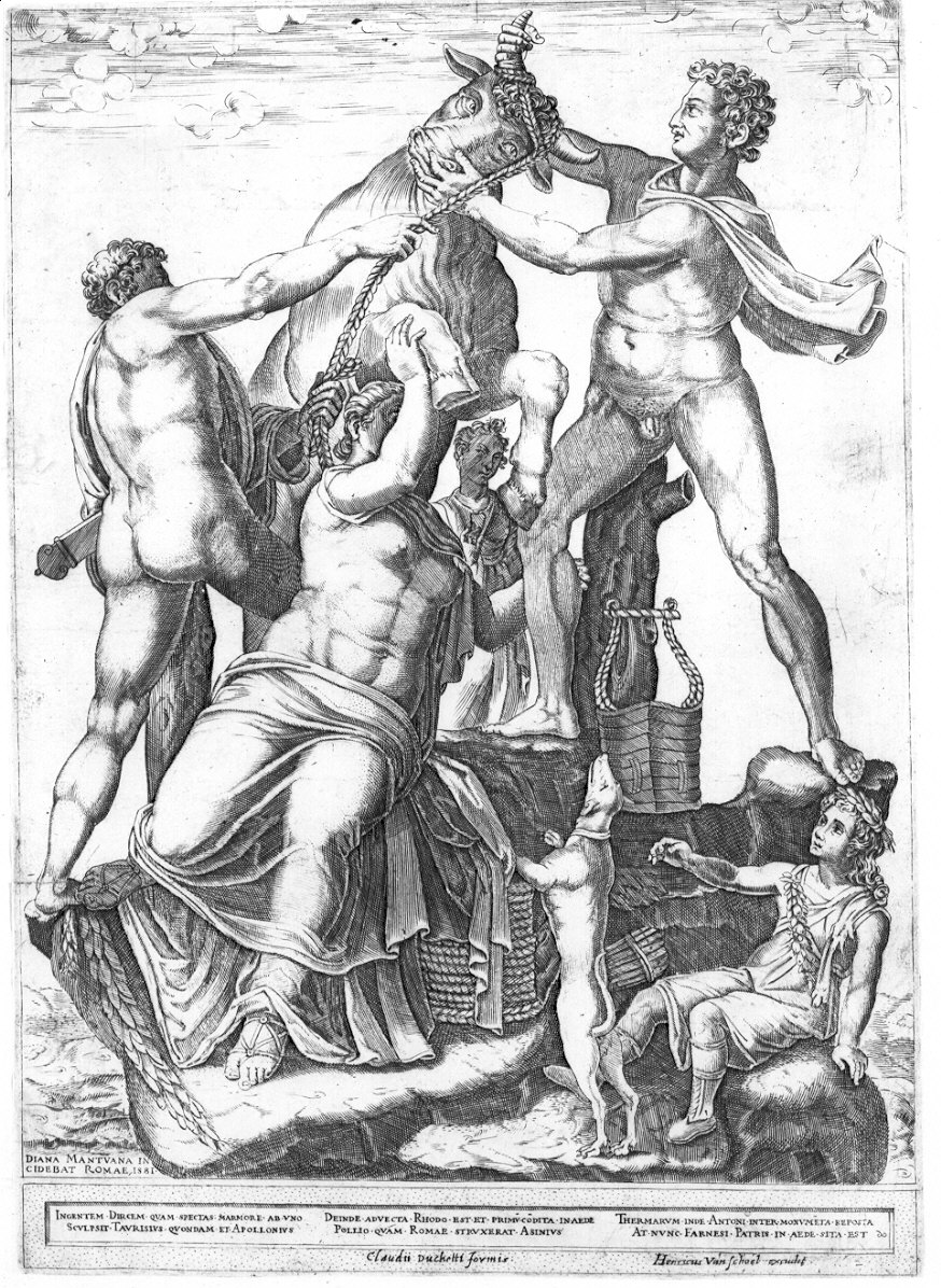 Anfione e Zeus attaccano Dirce al toro (stampa) - ambito Italia settentrionale (sec. XVI)
