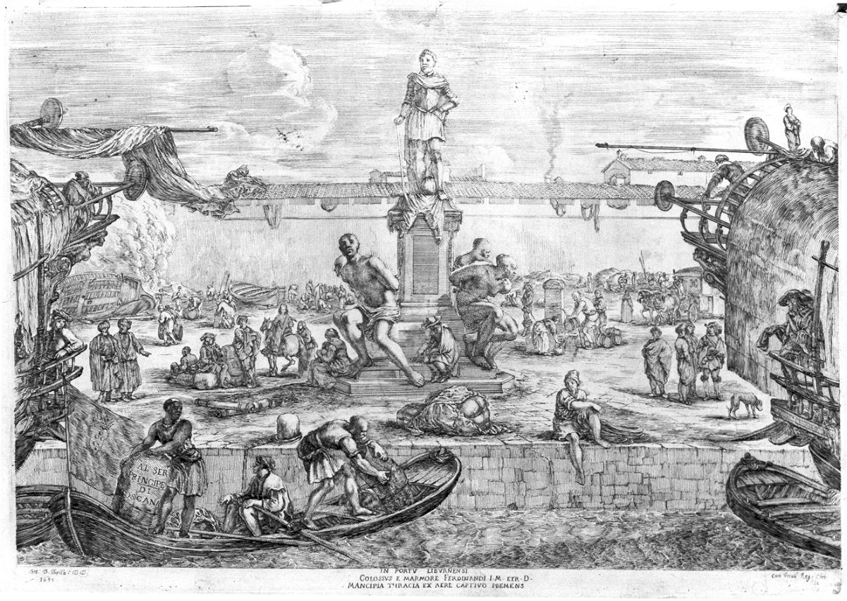 veduta del porto di Livorno con la statua di Ferdinando I (stampa) di Della Bella Stefano (sec. XVII)