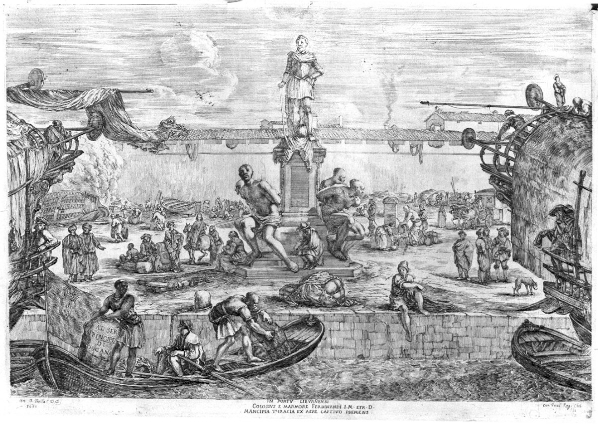 veduta del porto di Livorno con la statua di Ferdinando I (stampa) di Della Bella Stefano (sec. XVII)