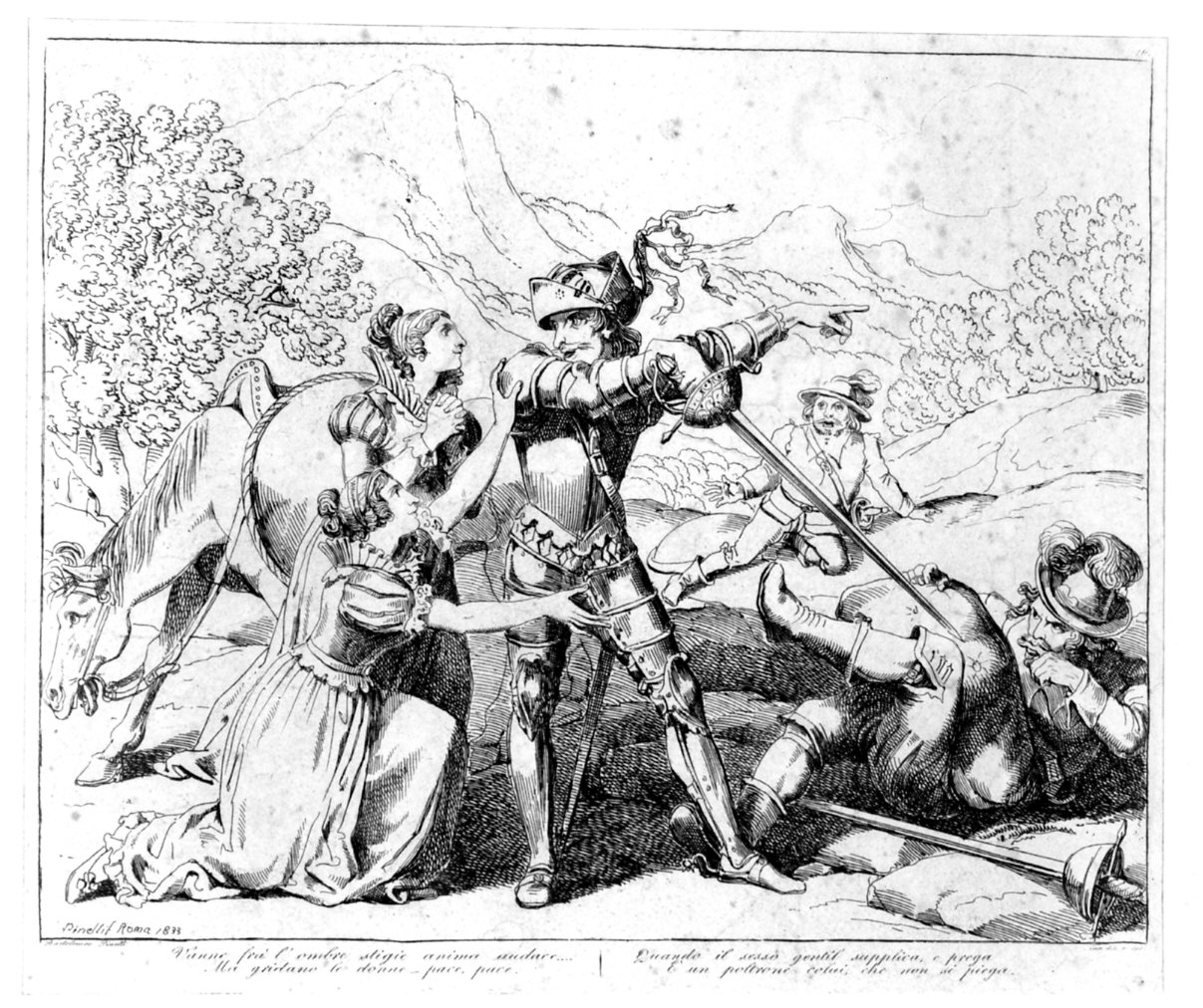 scena di genere con dame, cavaliere e bandito (stampa) di Pinelli Bartolomeo (sec. XIX)