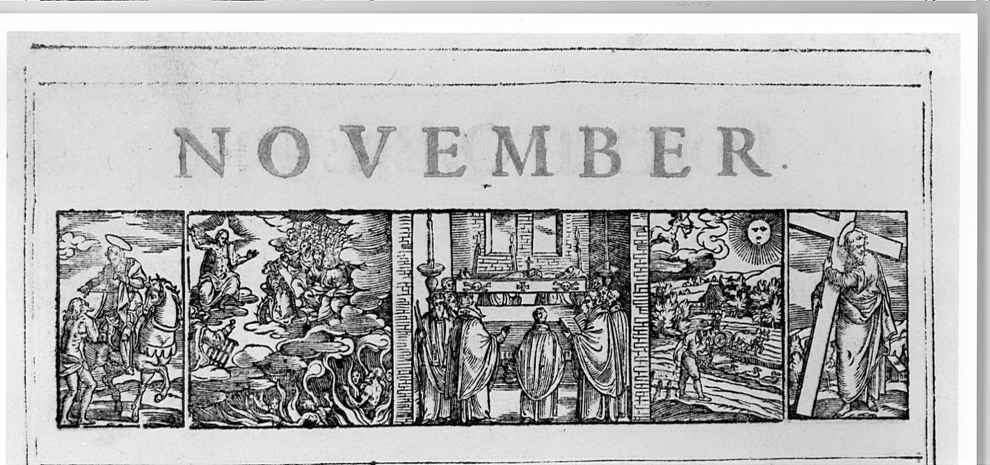 S.Martino; allegoria del mese di novembre; S. Andrea (stampa, elemento d'insieme) di David H (sec. XVII)
