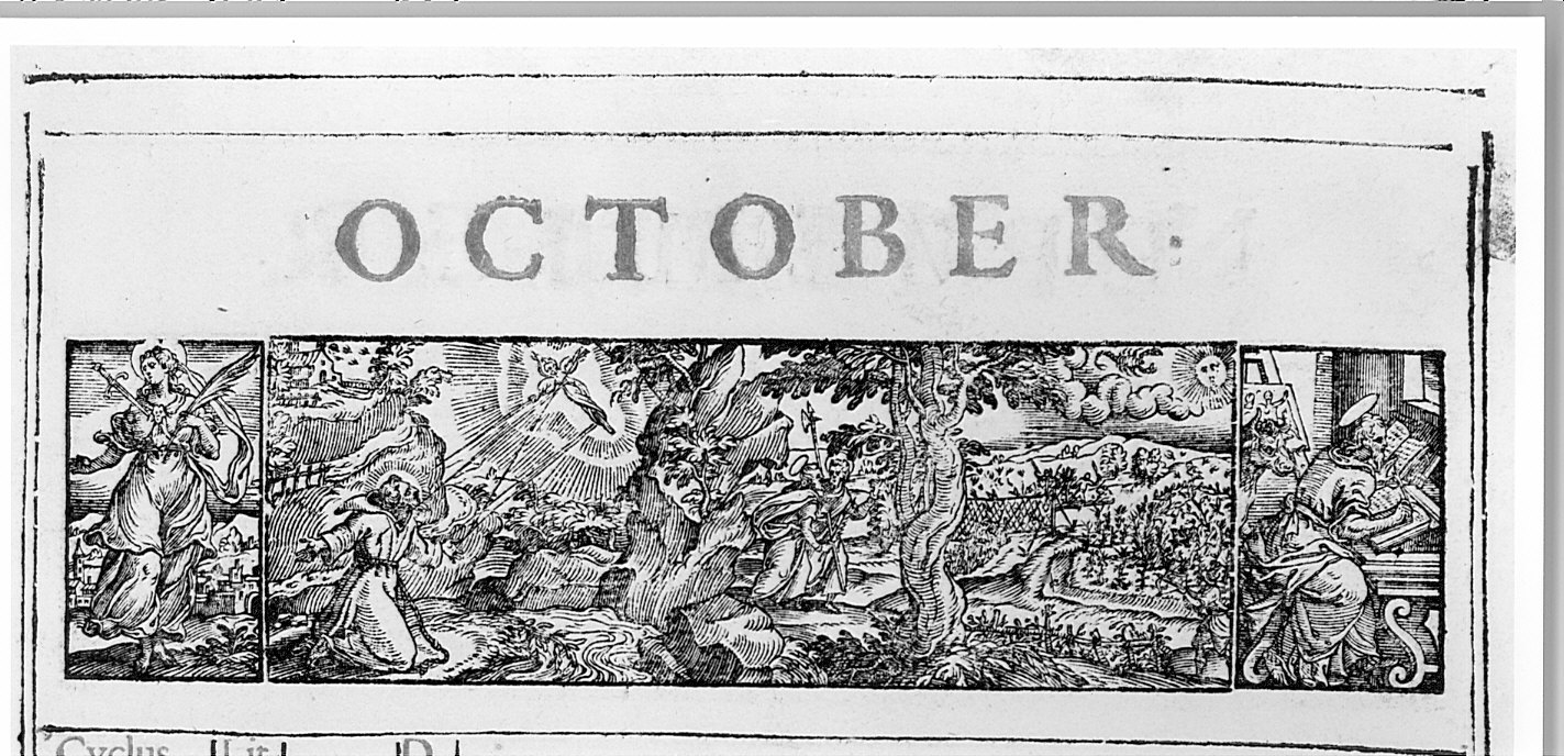 S. Giustina; allegoria del mese di ottobre; S. Giuda (stampa, elemento d'insieme) di David H (sec. XVII)
