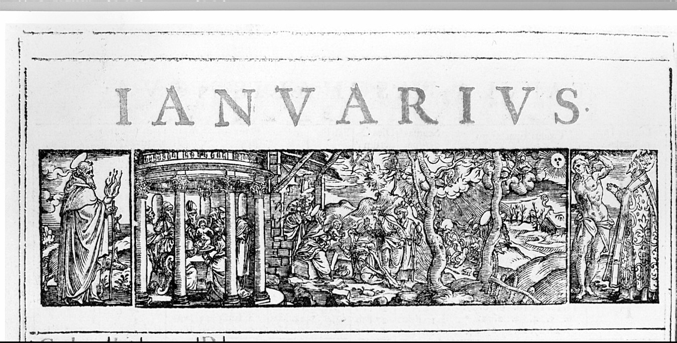 S. Antonio abate; allegoria del mese di gennaio; S. Sebastiano e S. Marcello (stampa, elemento d'insieme) di David H (sec. XVII)