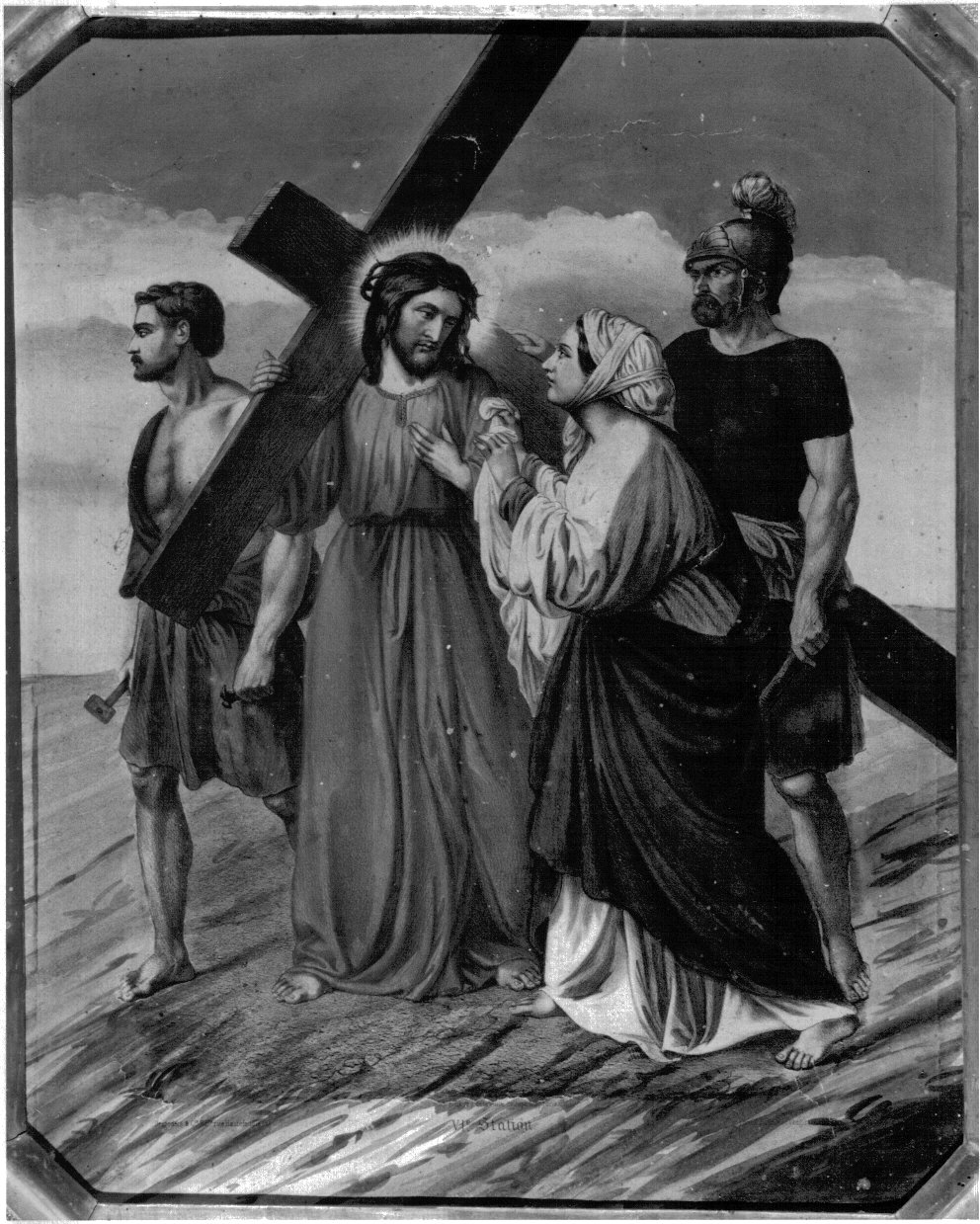 stazione VI: Gesù asciugato dalla Veronica (stampa a colori, elemento d'insieme) - ambito francese (prima metà sec. XX)